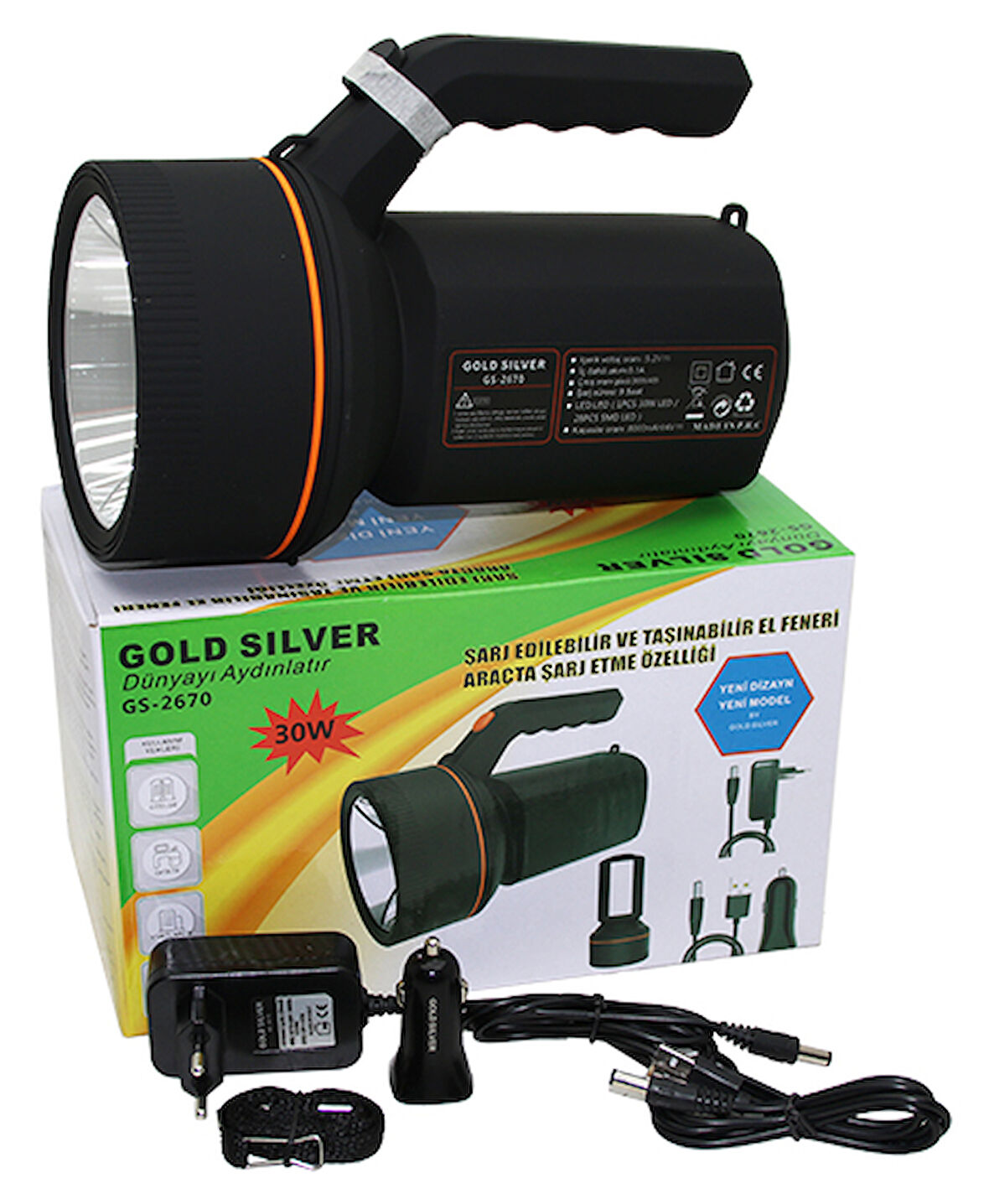 2İN1 30W - 28SMD LED USB - OTO - ADAPTÖR ŞARJLI EL FENERİ PROJEKTÖR (5042)