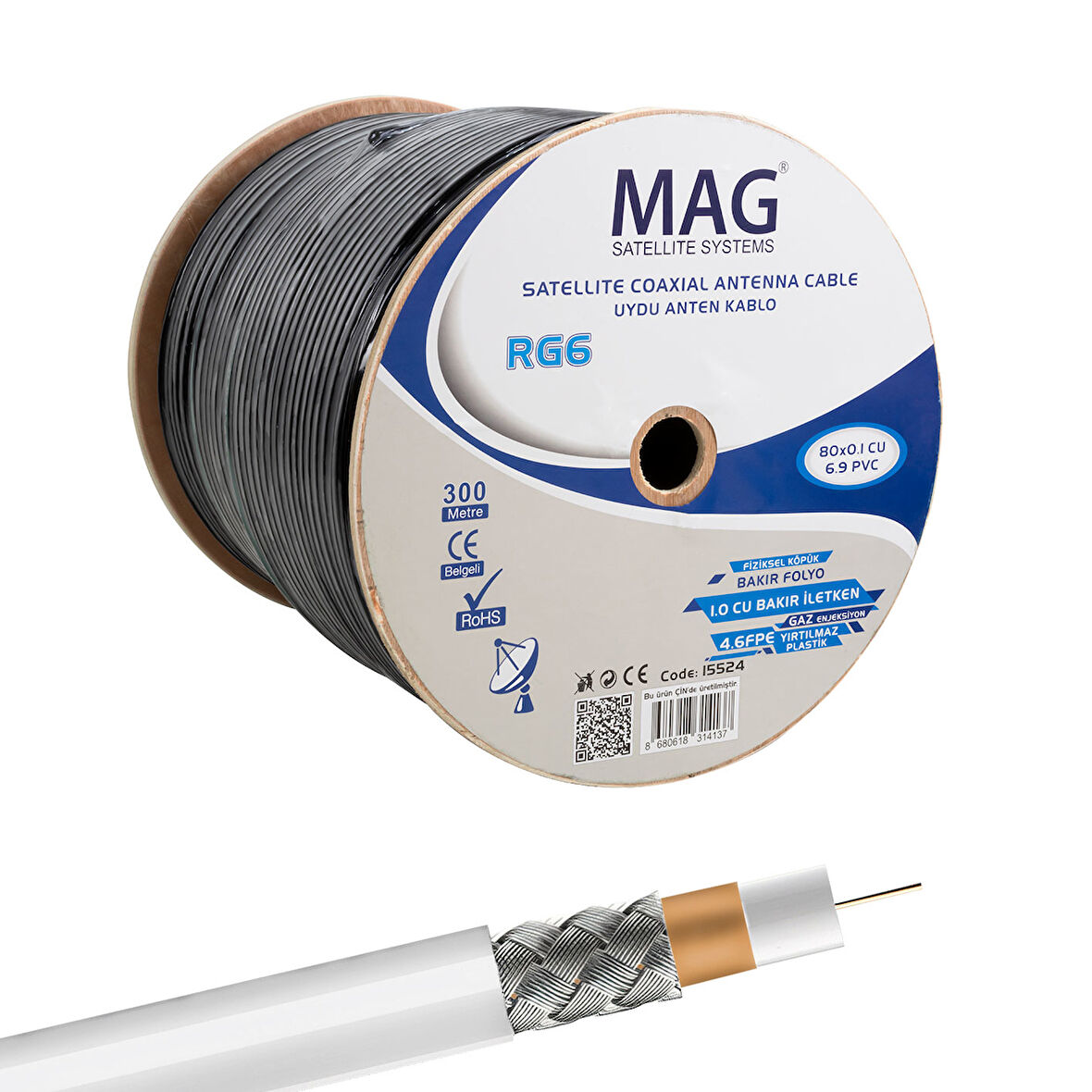 MAG RG6/U6 BAKIR CU/CU YEŞİL ANTEN KABLOSU (300 METRE) (5042)