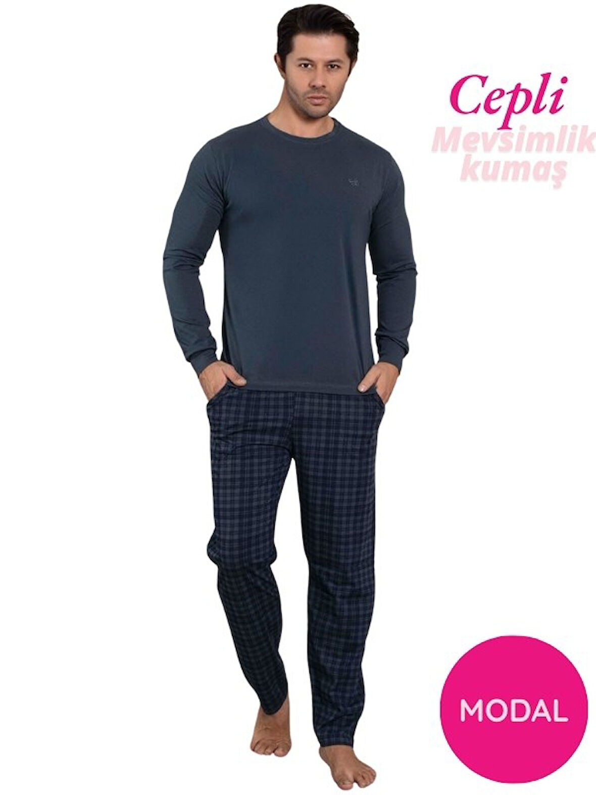 Erkek Bisiklet Yaka Düğmesiz Ekose Desen Modal Mevsimlik Uzun Kol Manşetli Cepli Pijama Takımı