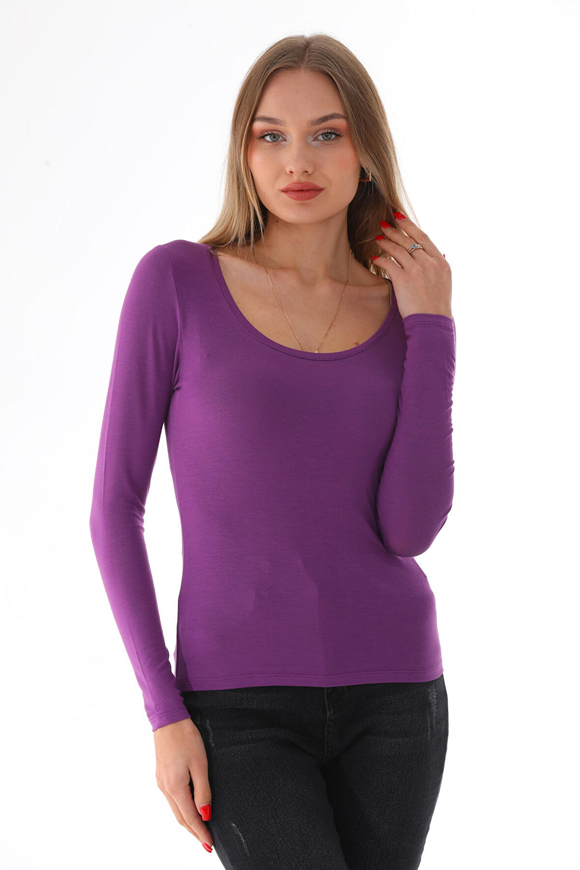 Kadın Viskon Dekolte Yaka Slim Fit Tişört-Mor