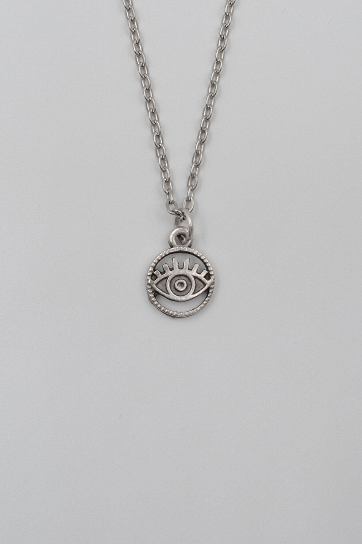 Minimalist Göz - Nazar Düz Ezme Zincir Kolye - Antik Gümüş Kaplama - Kadın Erkek - 60 cm
