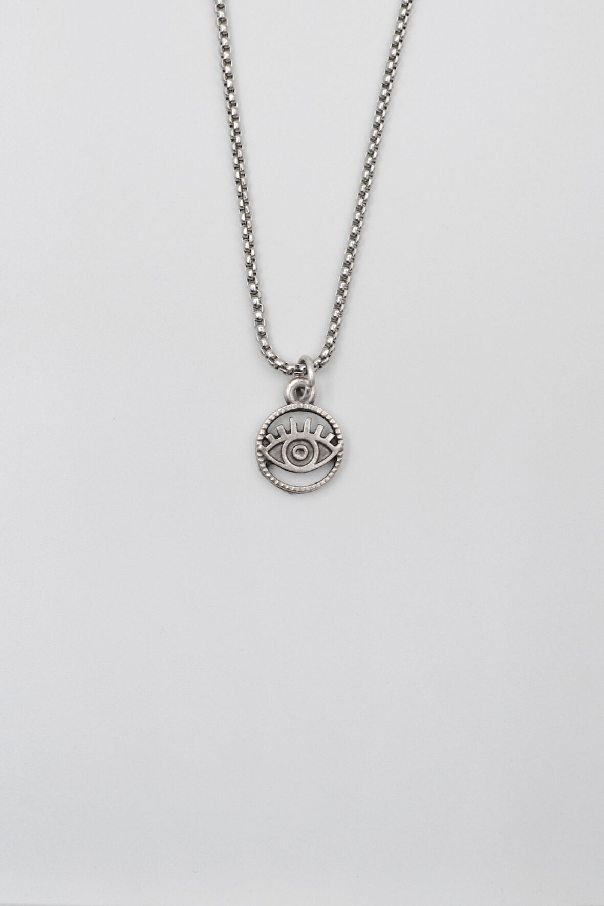 Minimalist Göz - Nazar Örme Zincir Kolye - Antik Gümüş Kaplama - Kadın Erkek - 60 cm