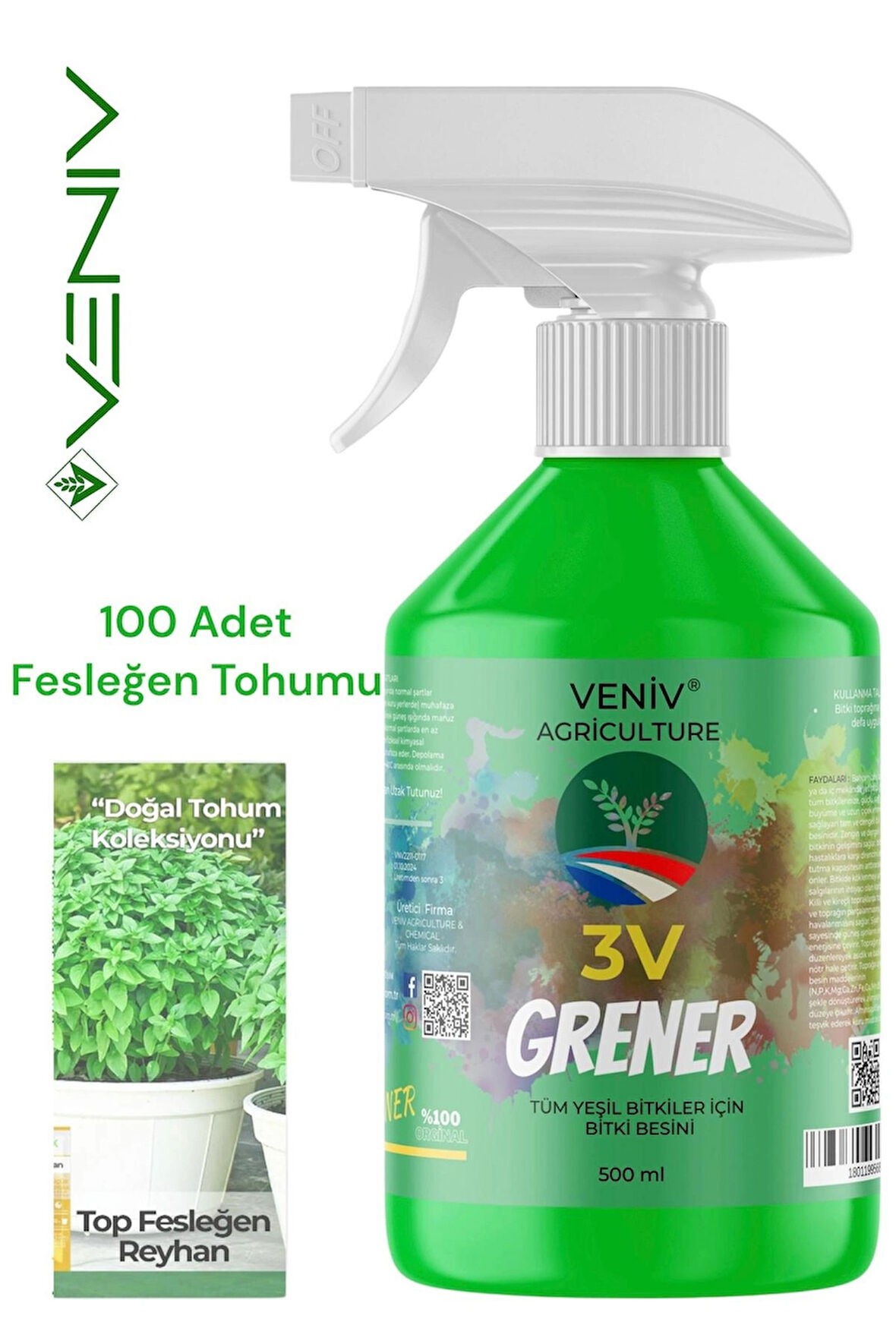 VENİV AGRİCULTURE 3V Grener 500 ml Bitki Besini + 100 adet Fesleğen Tohumu – Yoğun Aroma & Yeşil Yapraklar