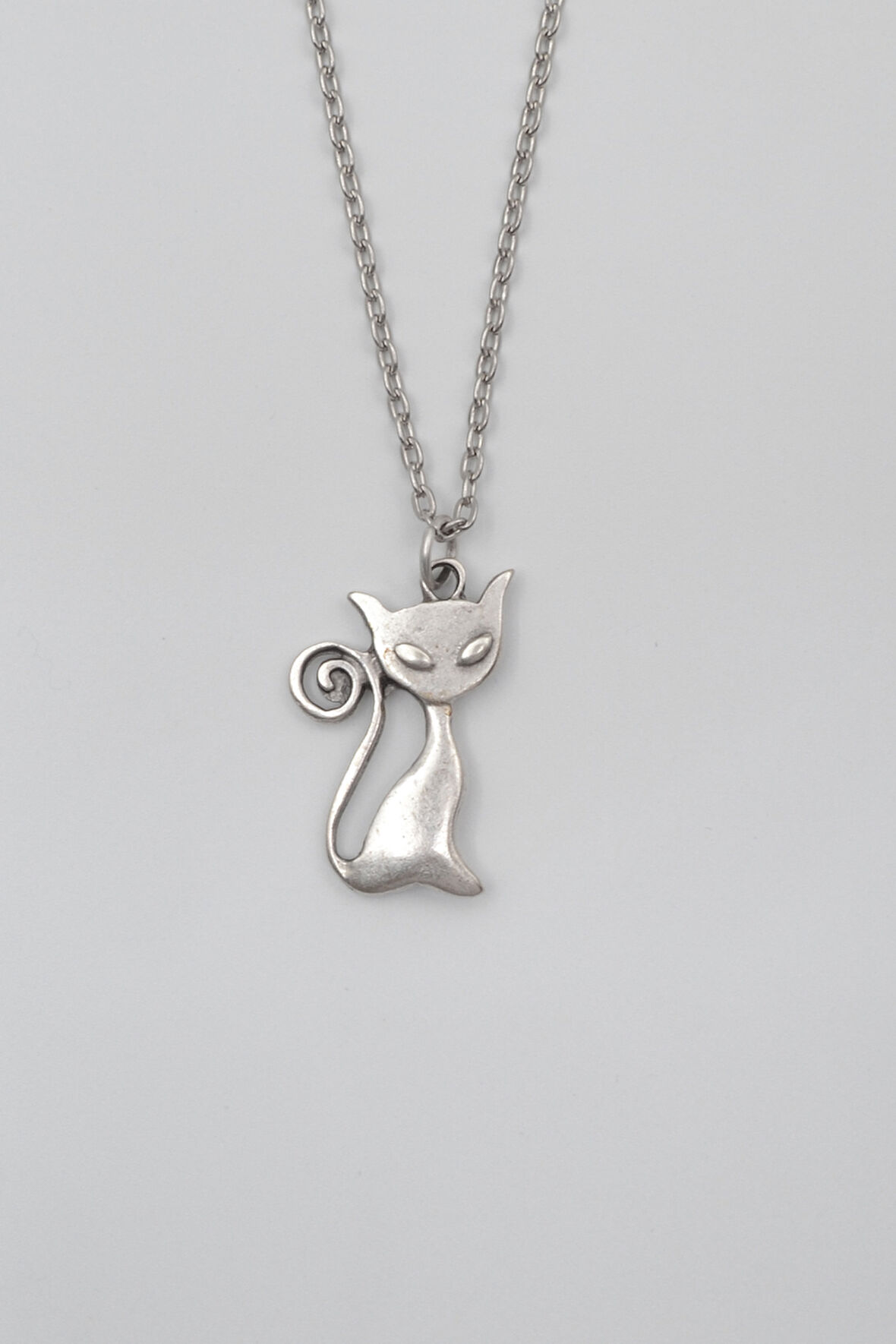 Mistik Kedi Düz Ezme Zincir Kolye - Antik Gümüş Kaplama - Kadın Erkek - 60 cm