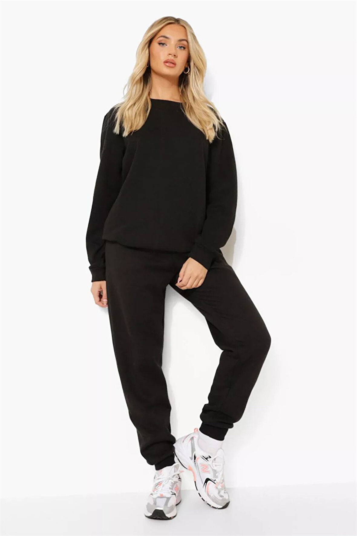 Kadın Siyah Şardonlu Eşofman Altı Düşük Kol Oversize Sweatshirt Eşofman Takımı 5054-8033-2010