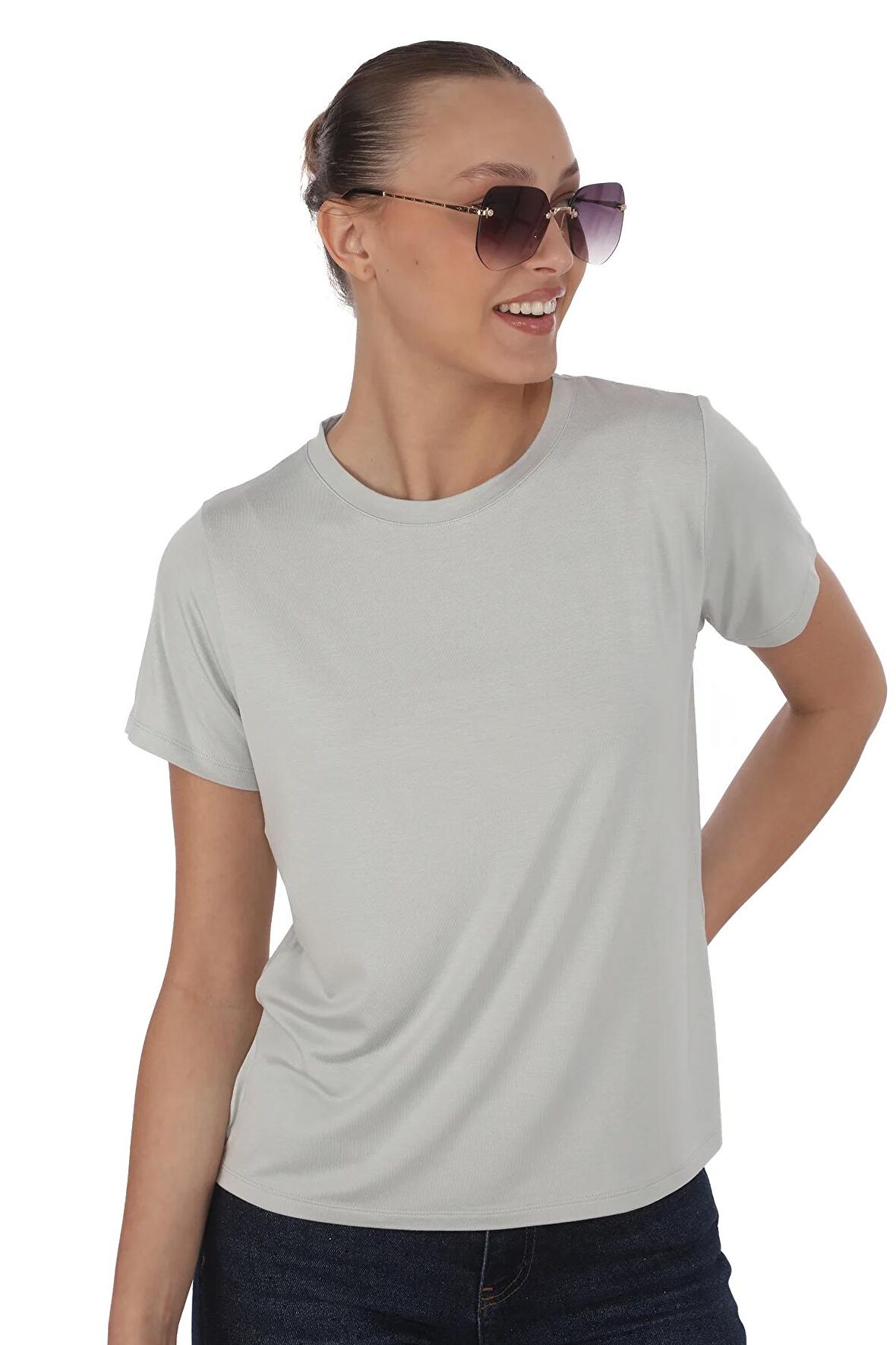 Viskon Dökümlü Tişört-Gri