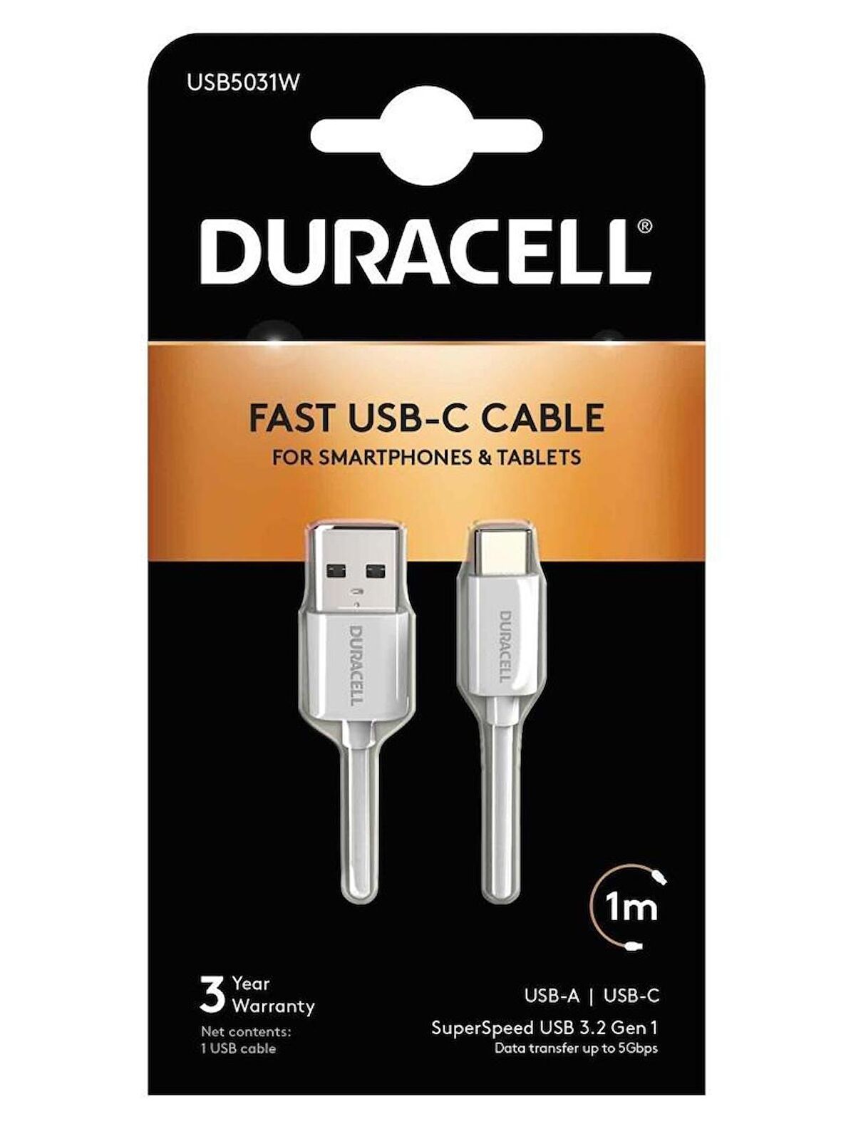 Duracell 1m USB-A to USB-C Şarj Kablosu - Beyaz