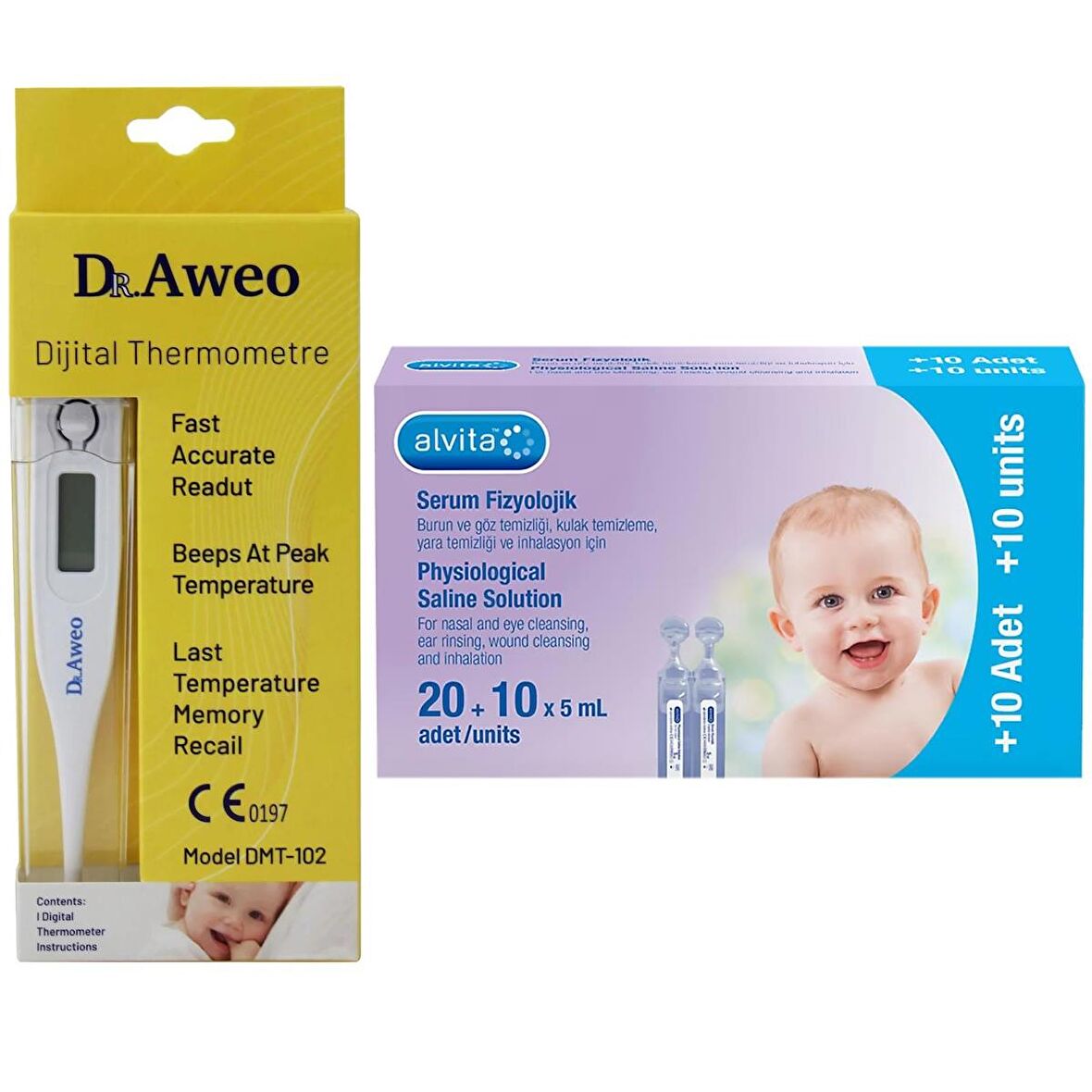 Dr.Aweo Dijital Koltukaltı Ateş Ölçer + Alvita Serum Fizyolojik 30 Flakon 5 ml