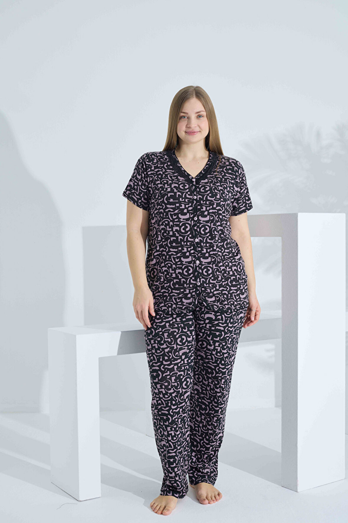 Bambu Kısa Kol Düğmeli Büyük Beden Kadın Pijama Takımı 74058