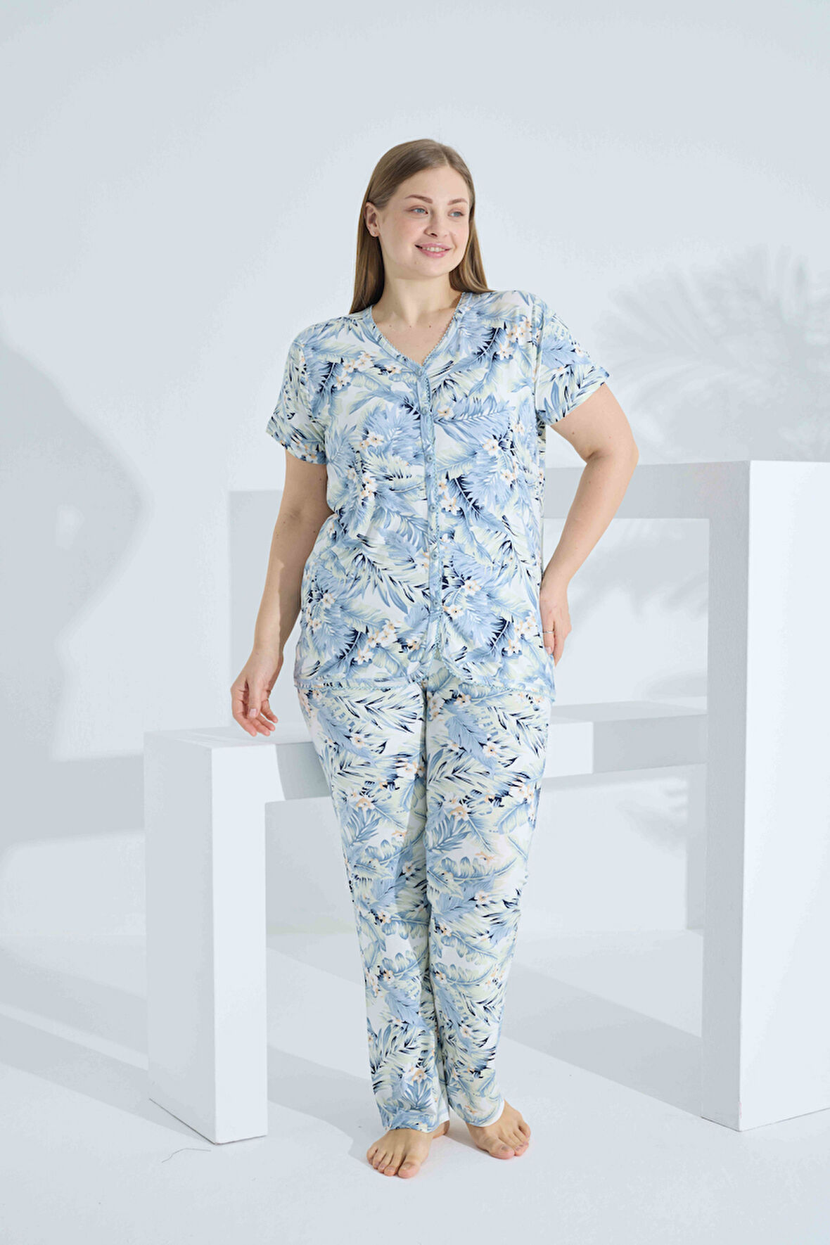 Bambu Kısa Kol Düğmeli Büyük Beden Kadın Pijama Takımı 74057