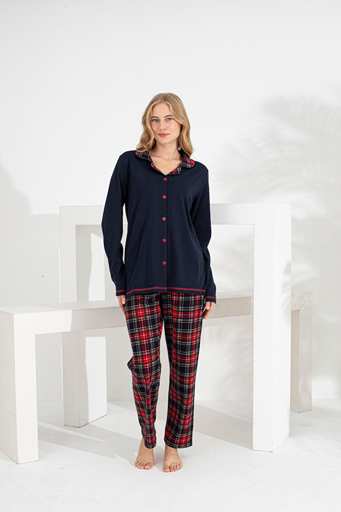 Angelique %100 Pamuk Uzun Kol Ekose Kadın Pijama Takımı 21224-25-26-27