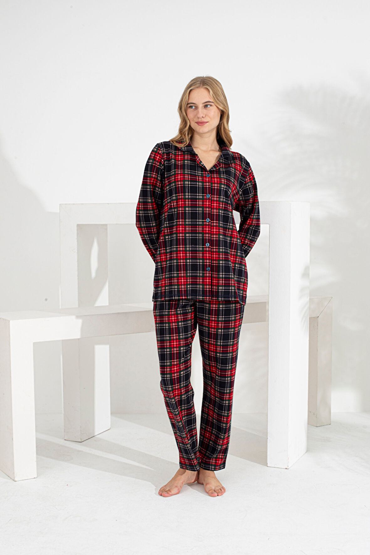 Angelique %100 Pamuk Uzun Kol Ekose Kadın Pijama Takımı 21224-25-26-27