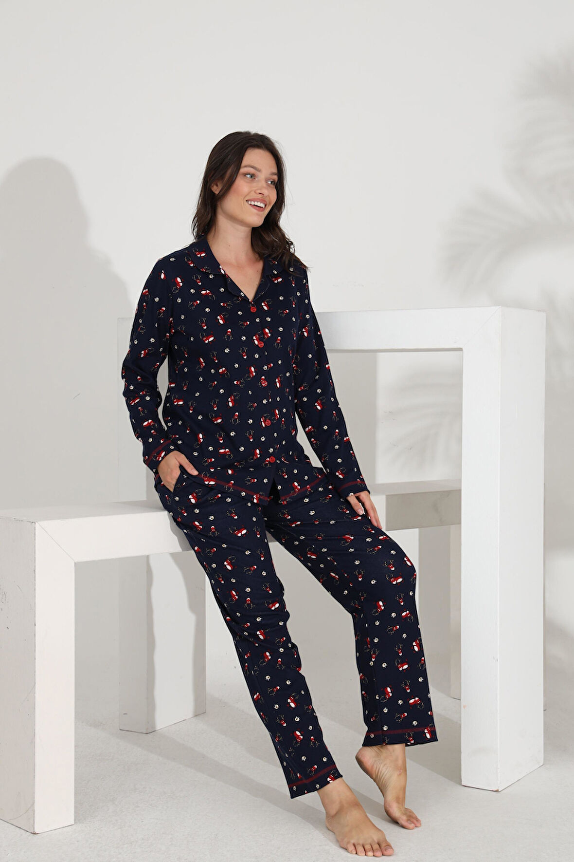 Etoile %100 Pamuk Uzun Kol Boydan Düğmeli Cepli Kadın Pijama Takımı 98302-303