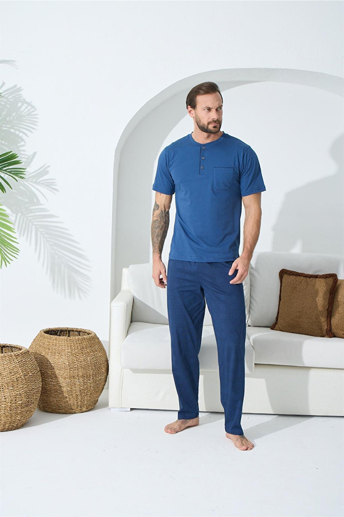 9507 Erkek Düğmeli Yaka Kısa Kol Pijama Takımı