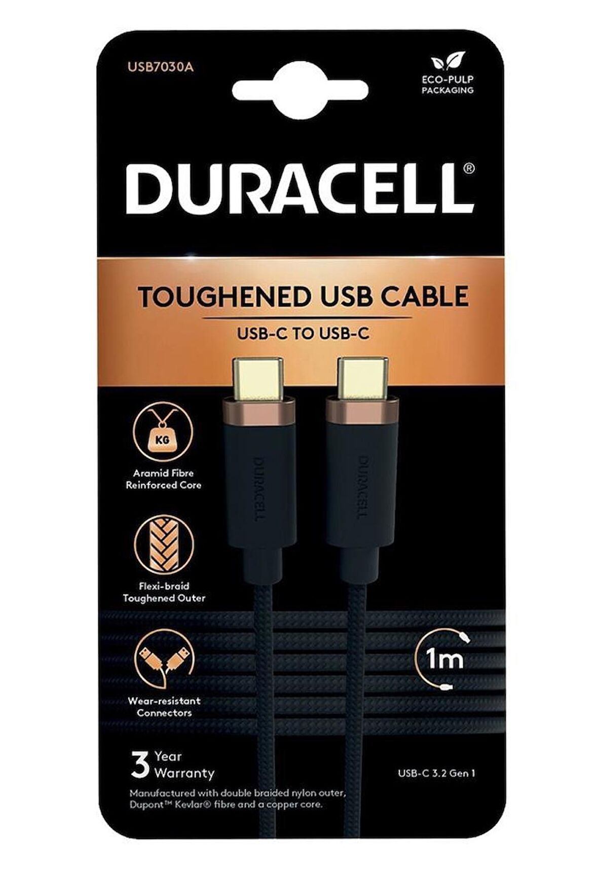 Duracell 1m Usb-C To Usb-C Örgülü Şarj Kablosu - Siyah