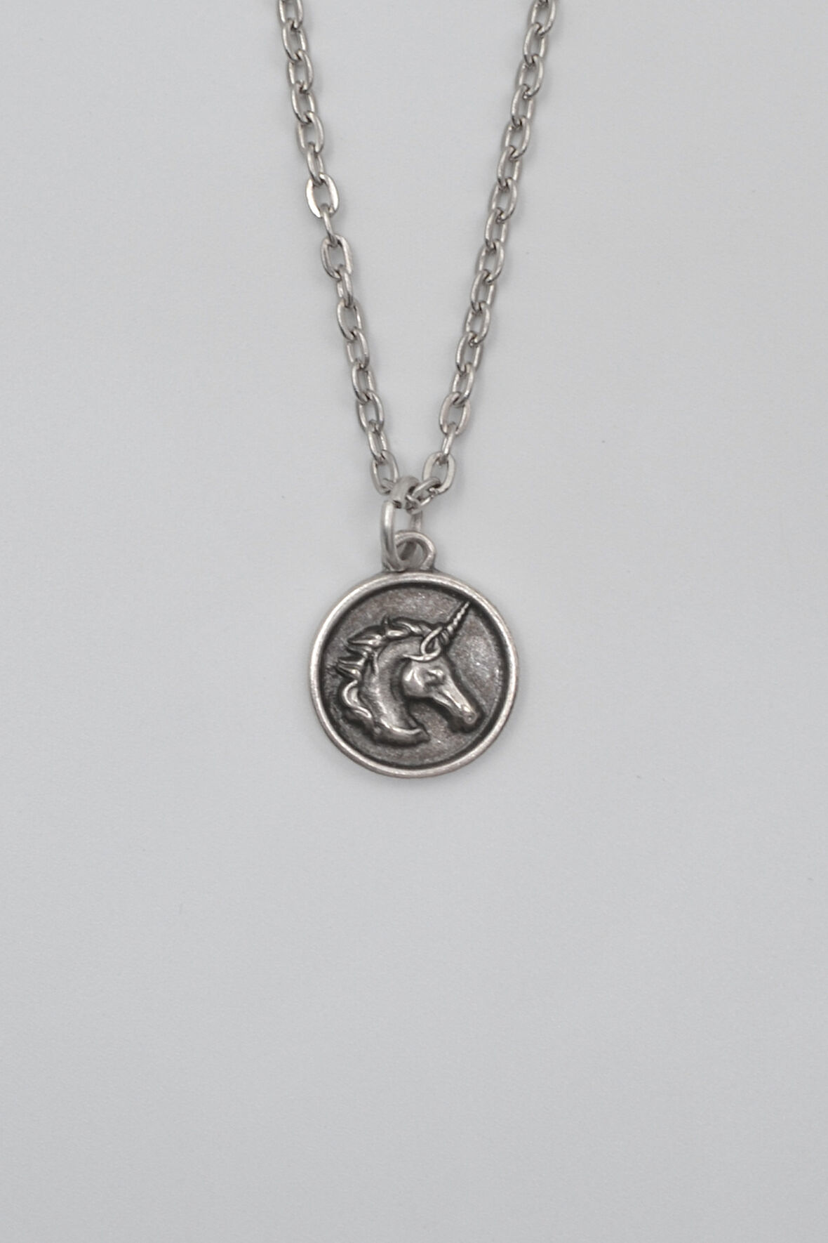 Unicorn - Tekboynuz Düz Ezme Zincir Kolye - Antik Gümüş Kaplama - Kadın Erkek - 60 cm