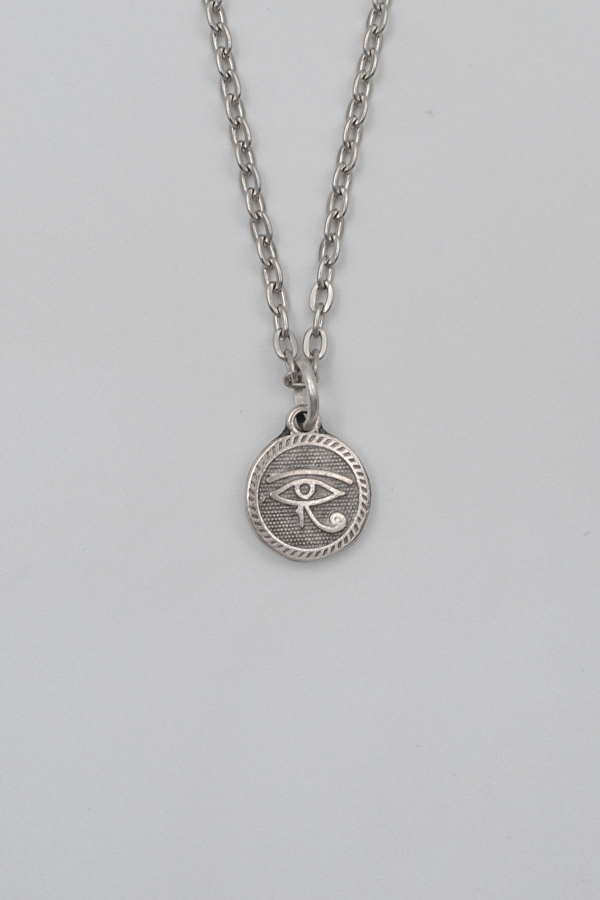 Horus'un Gözü Düz Ezme Zincir Kolye - Antik Gümüş Kaplama - Kadın Erkek - 60 cm