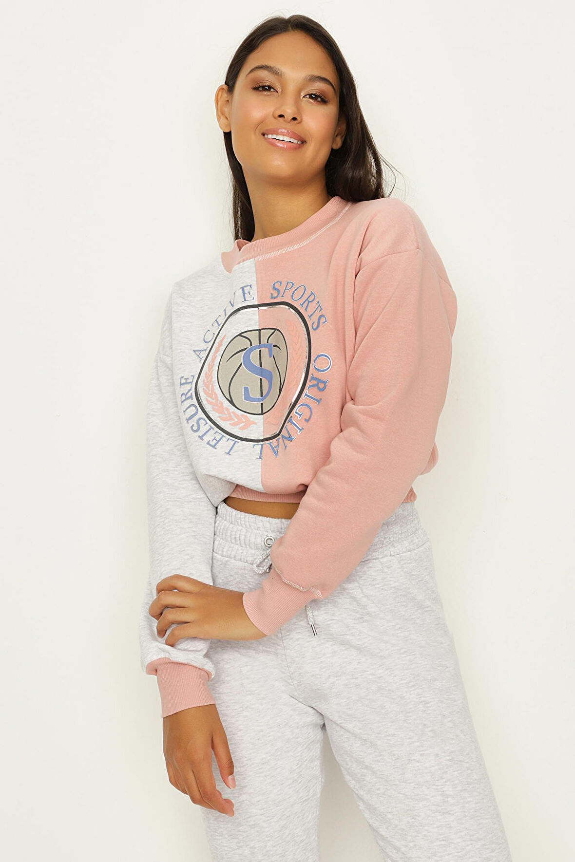 Kadın Kontrast Beli Lastikli Crop Sweatshirt