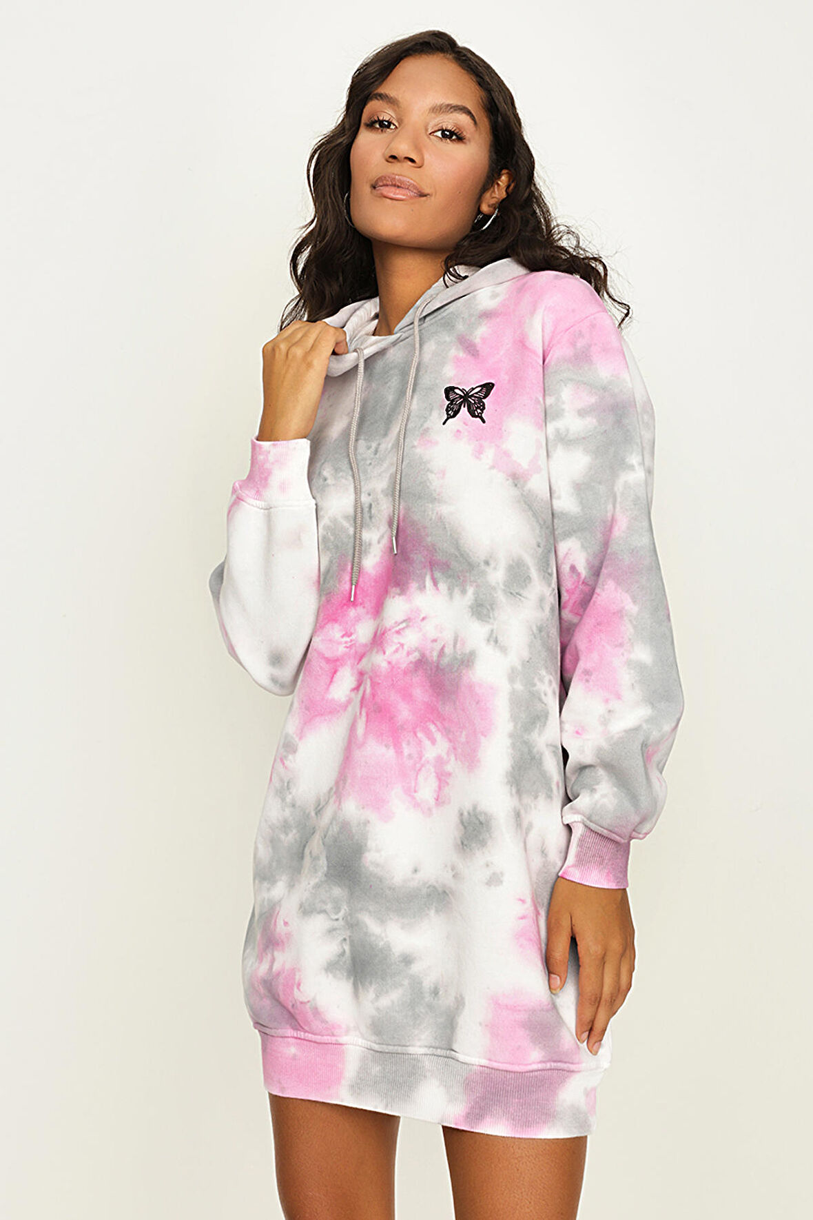 Kadın Batik Desenli Kapüşonlu Sweat Elbise