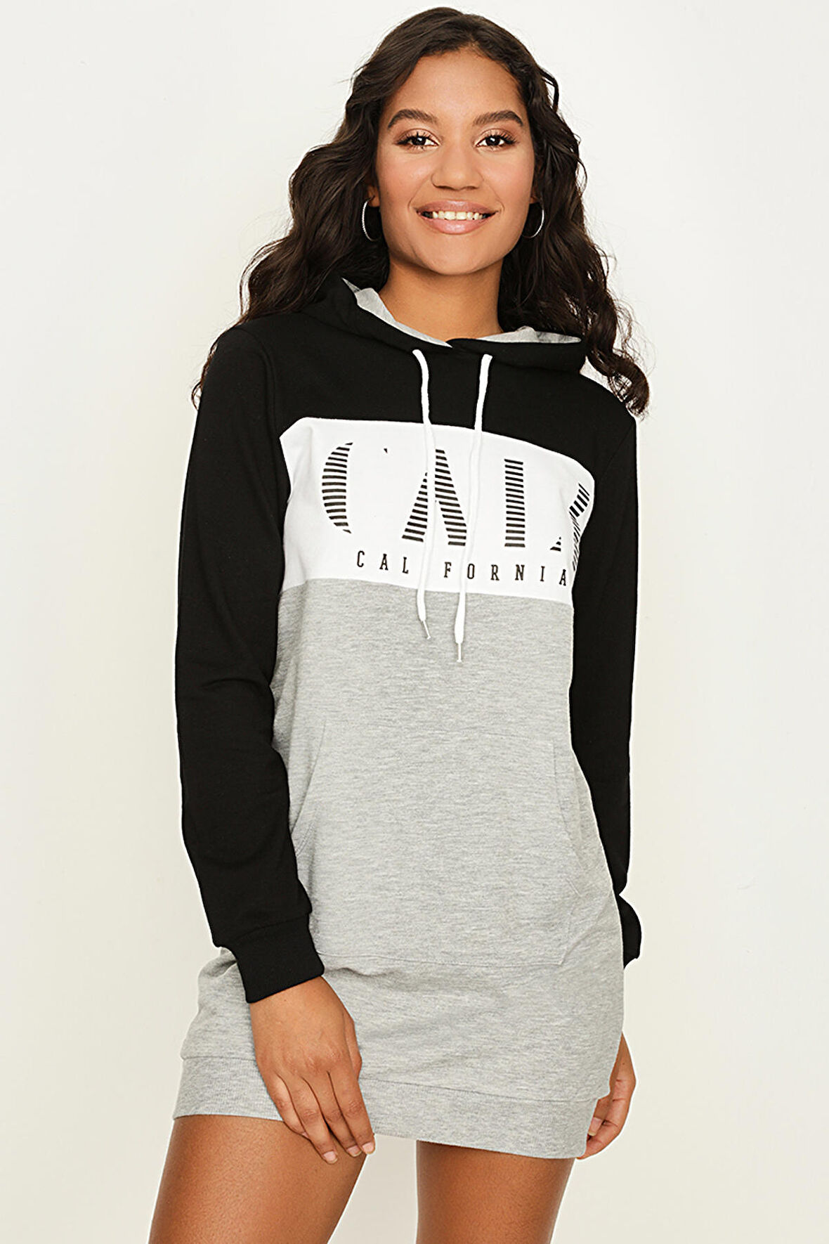 Kadın Kapüşonlu Renk Bloklu Sweat Elbise