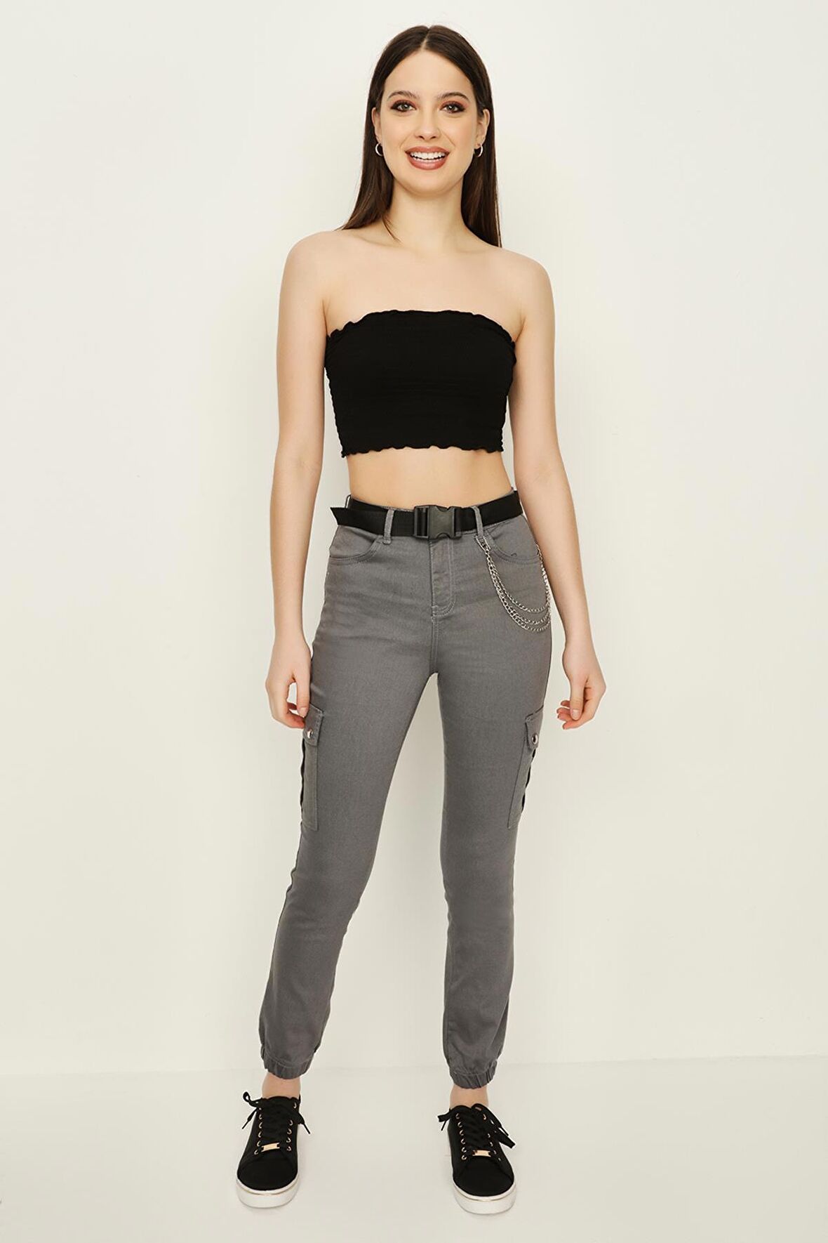 Kadın Kemerli Zincir Detaylı Paçası Lastikli Kargo Pantolon