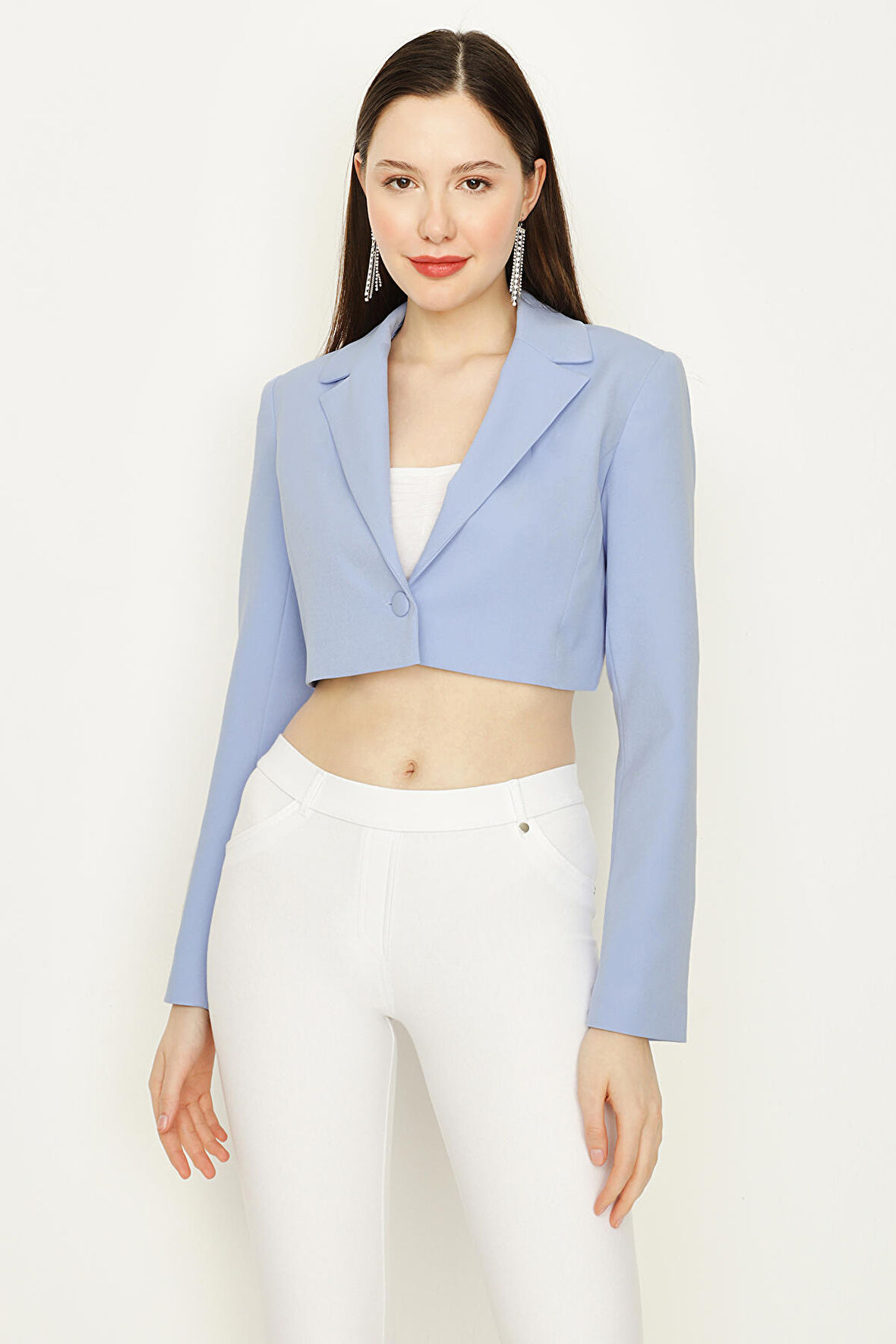Kadın Tek Düğme Kapamalı Crop Blazer Ceket