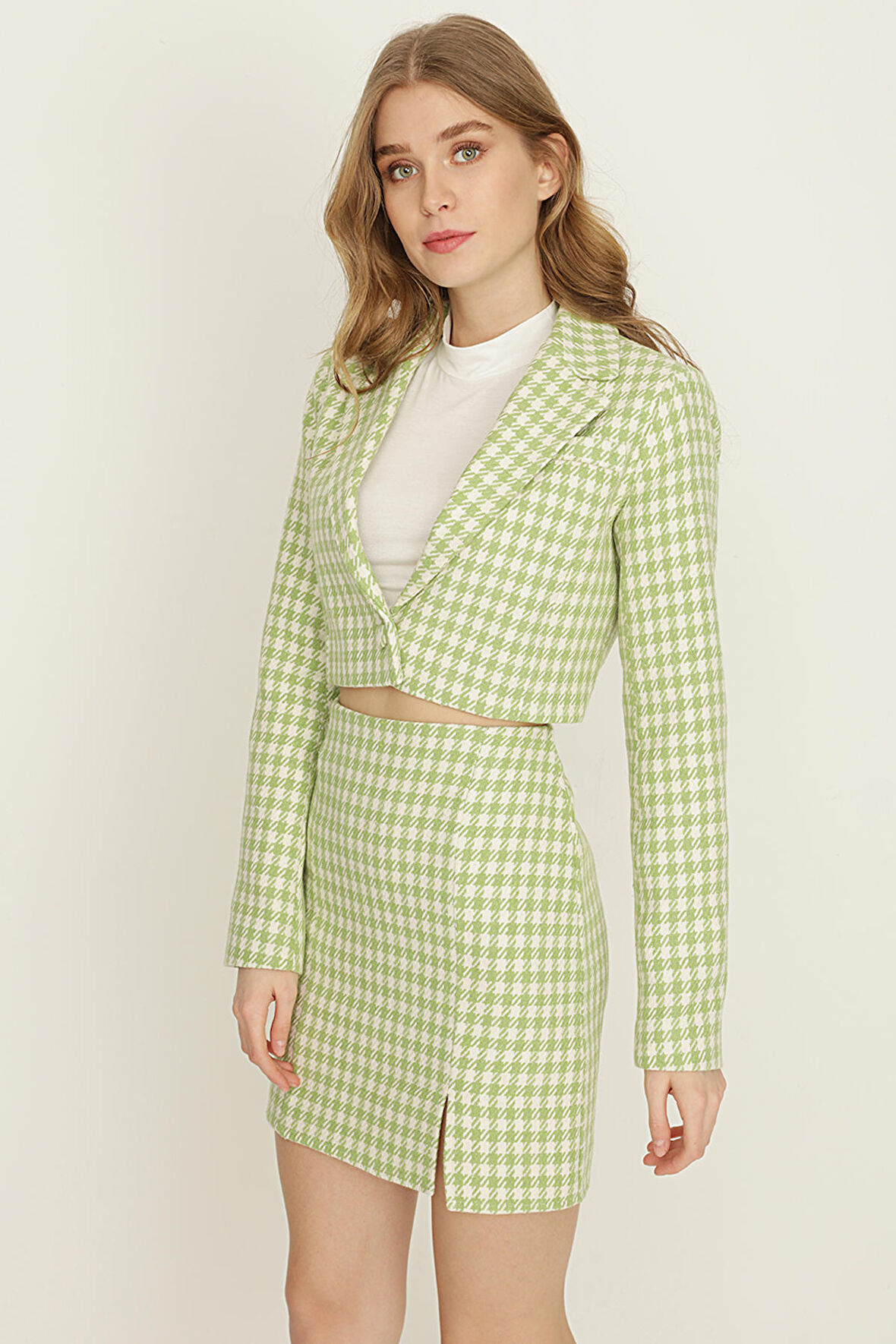 Kadın Kazayağı Desen Yırtmaçlı Mini Etek