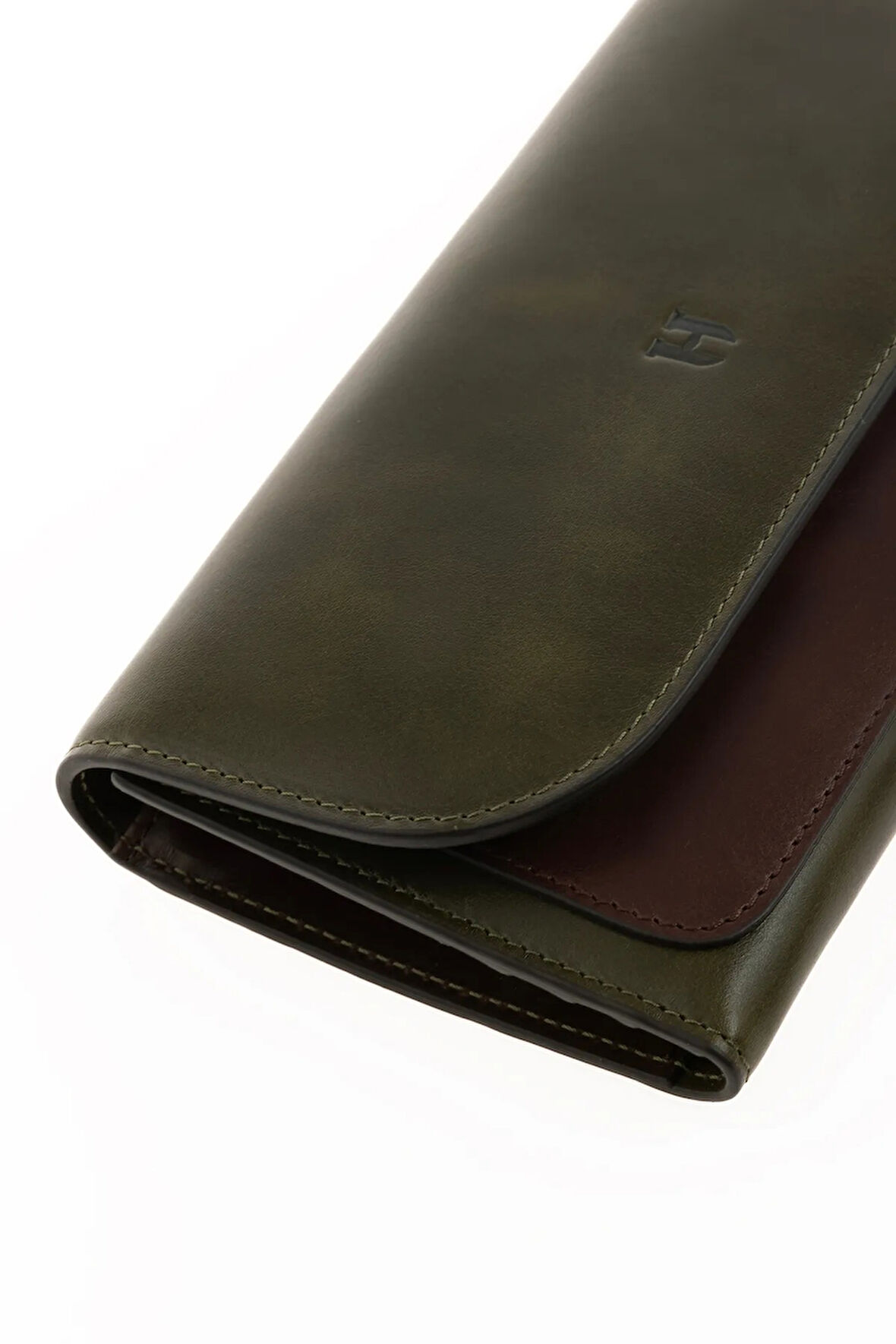 Charlotte Hakiki Deri Haki-Kahve Kadın Fermuarlı El Işi Rfid Korumalı Kapaklı Çıtçıtlı Büyük Cüzdan