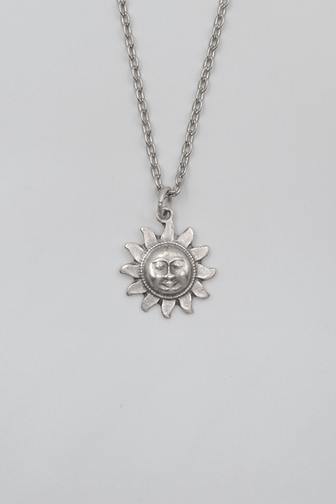 Vintage Güneş Yüz Düz Ezme Zincir Kolye - Antik Gümüş Kaplama - Kadın Erkek - 60 cm