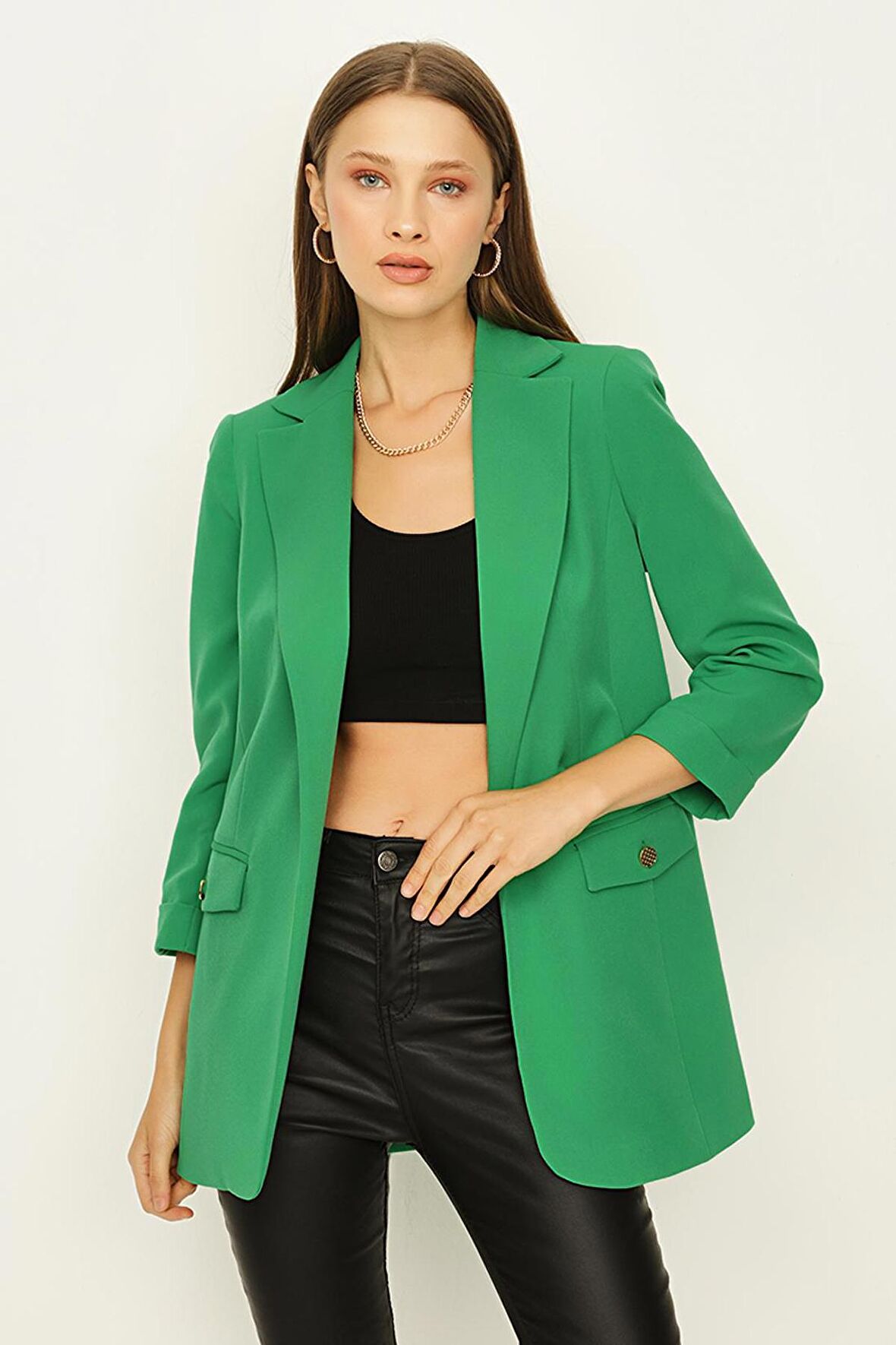 Kadın Kruvaze Yaka Gold Düğme Detaylı Blazer Ceket