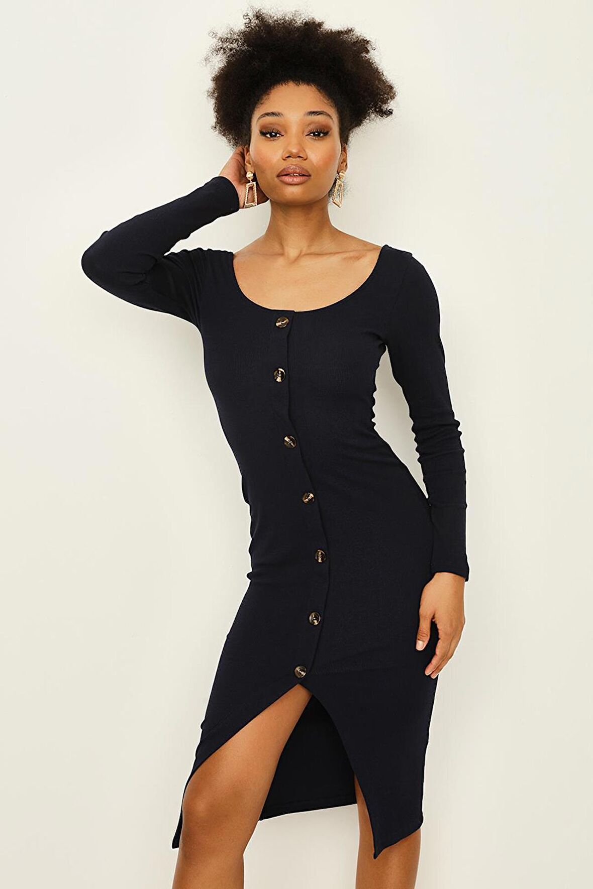 Kadın Yuvarlak Yaka Uzun Kollu Yırtmaçlı Kaşkorse Elbise