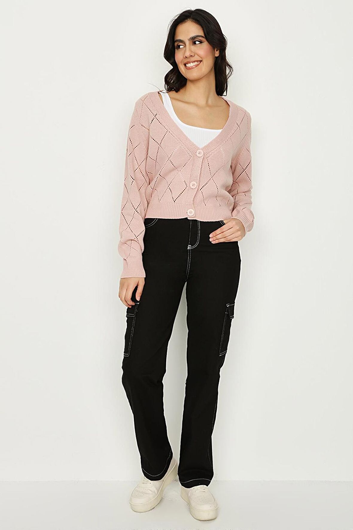 Kadın Kontrast Dikişli Geniş Paça Kargo Pantolon