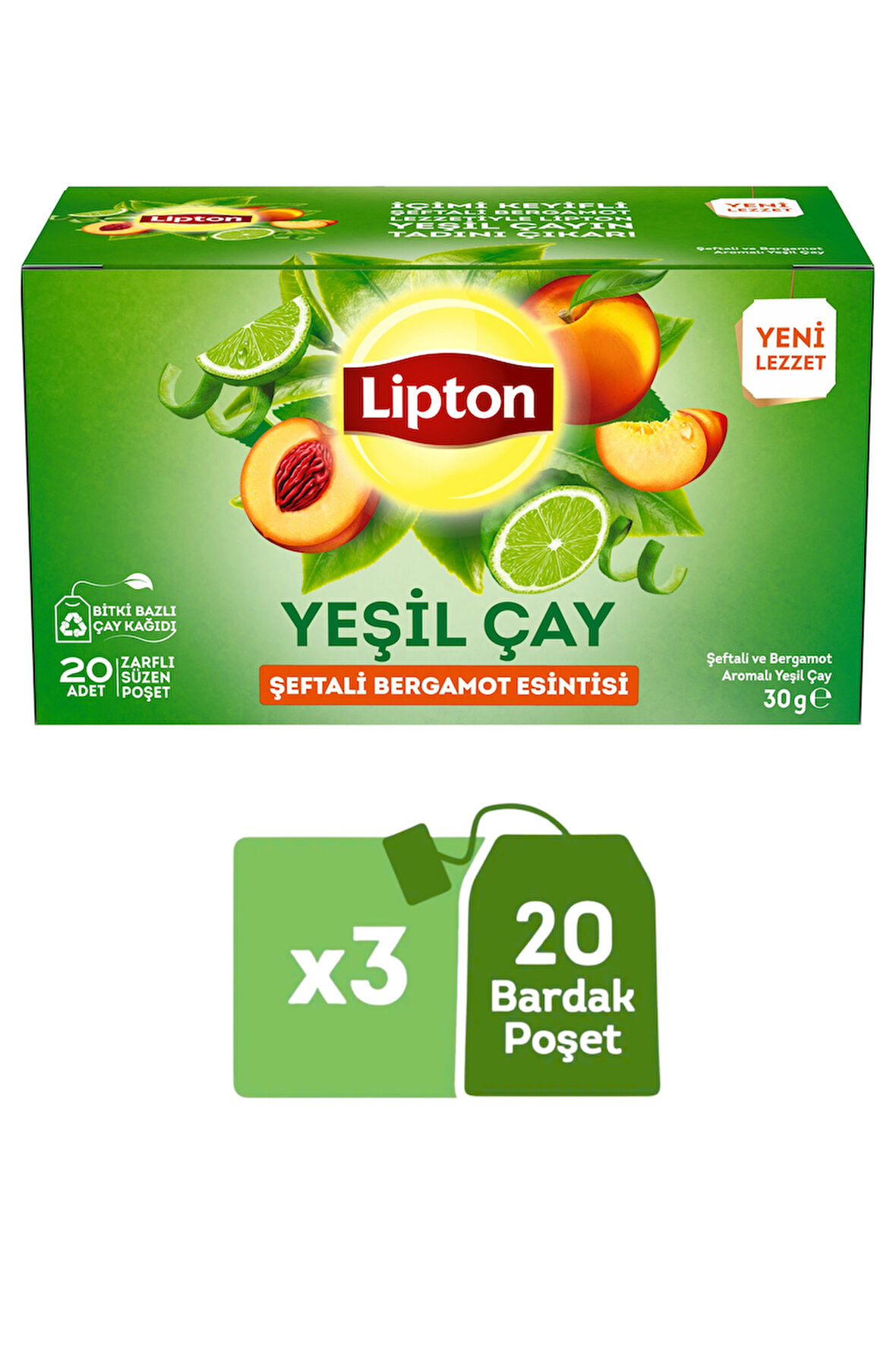  Lipton Şeftali ve Bergamot Aromalı Yeşil Çay 20li x 3
