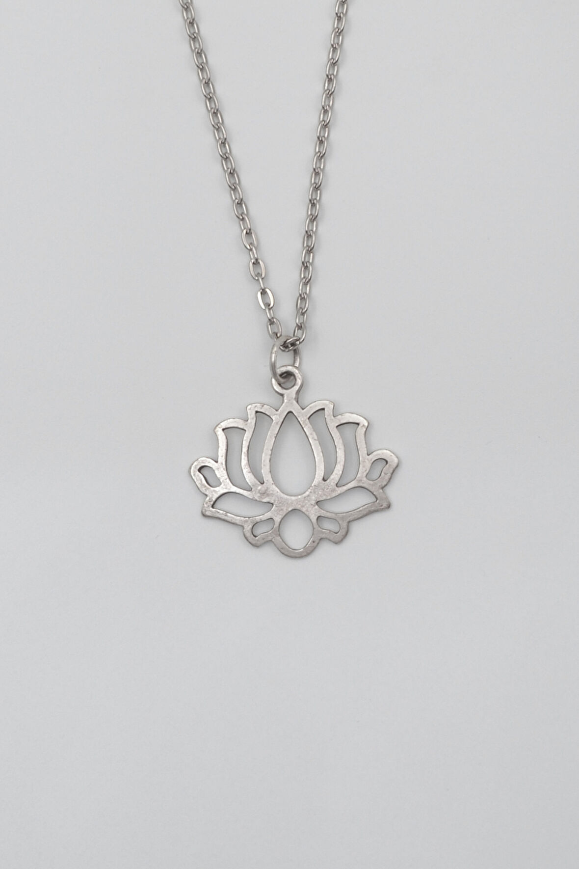 Lotus Çiçeği Düz Ezme Zincir Kolye - Antik Gümüş Kaplama - Kadın Erkek - 60 cm