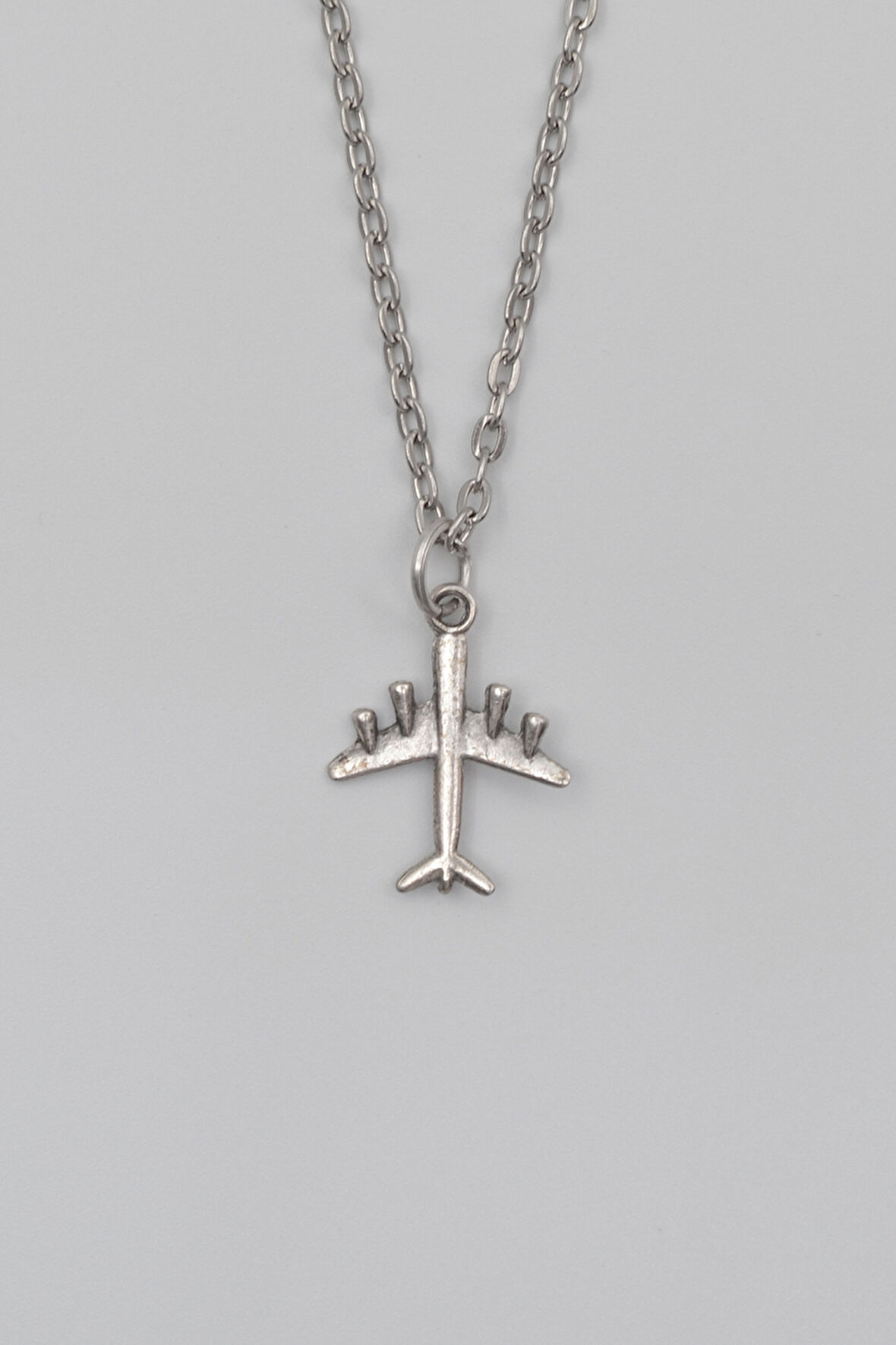 Küçük Uçak Düz Ezme Zincir Kolye - Antik Gümüş Kaplama - Kadın Erkek - 60 cm