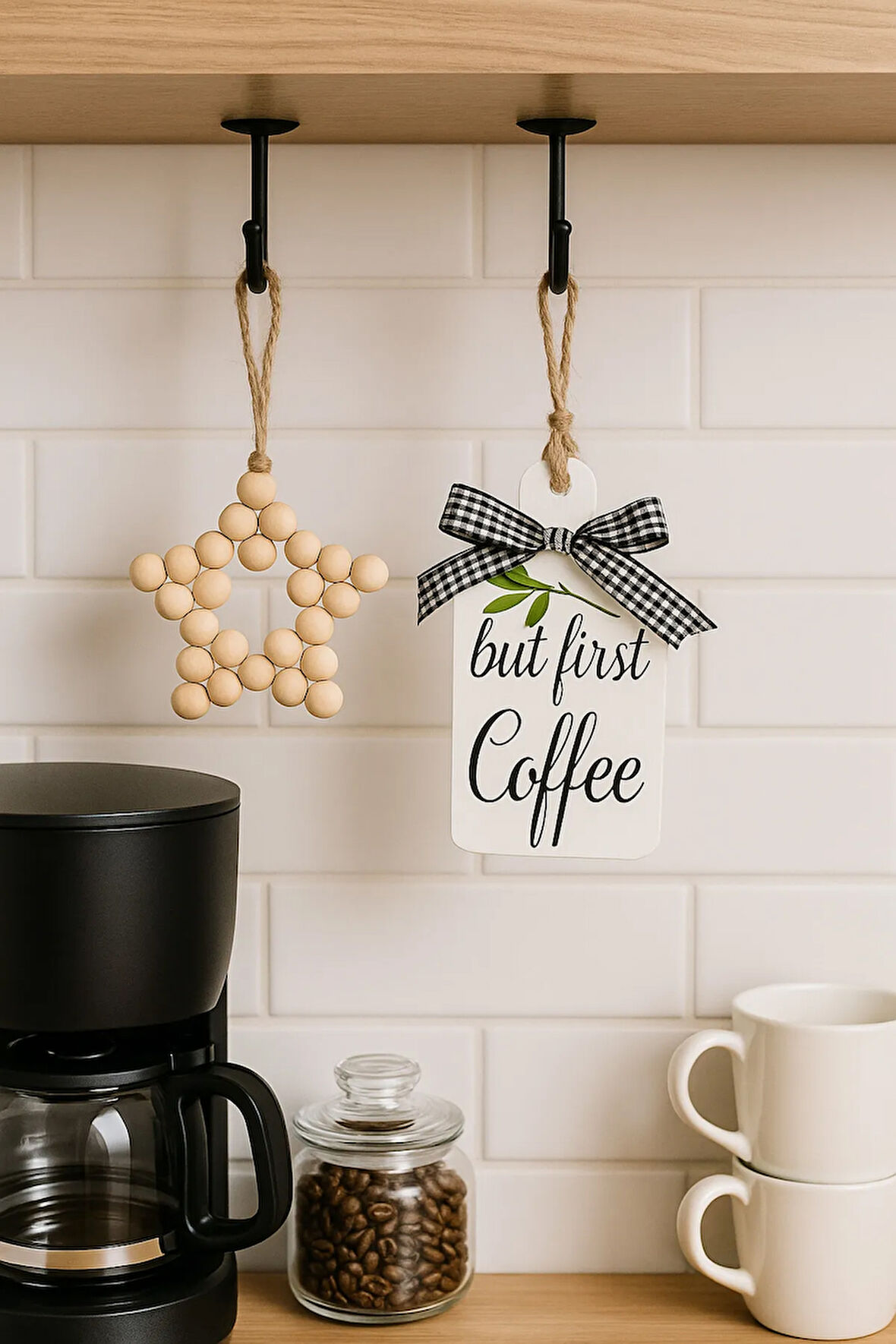 But First Coffee Kahve Köşesi Iskandinav Mutfak Dolap Süsü & Ahşap Yıldız 2'li Set