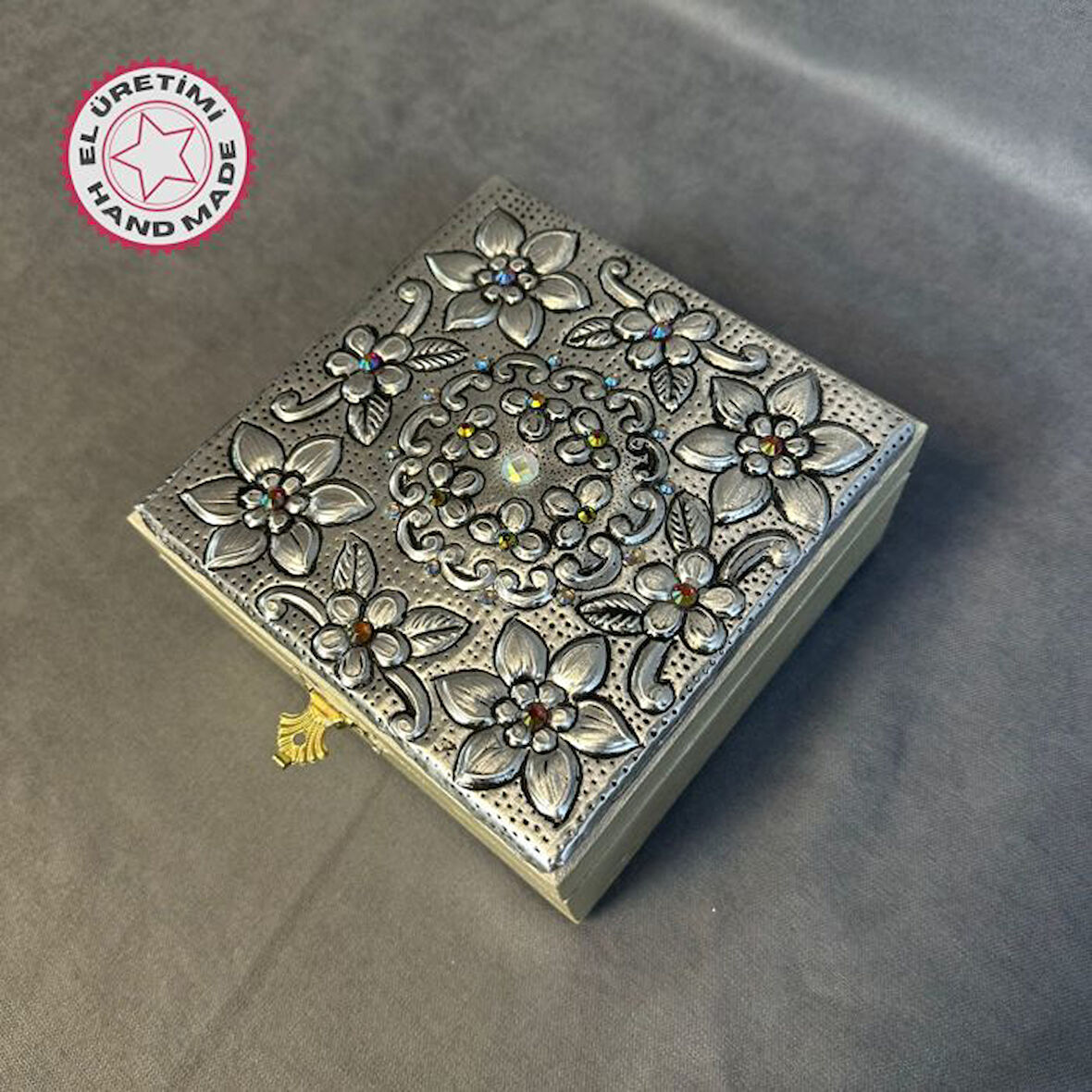 Uretti - Hülya 6683 5753 El Yapımı Alüminyum Kapaklı Bej Dekoratif Takı Saklama Kutusu