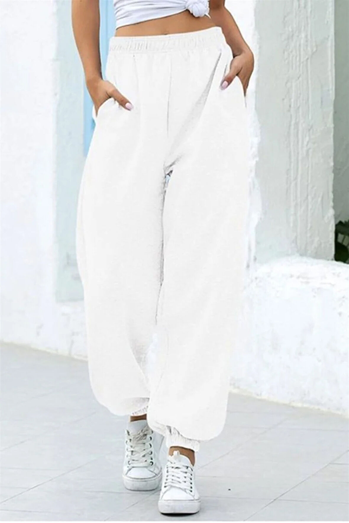 Kadın Şalvar Tarz Jogger Beyaz Eşofman Altı 5074_20150