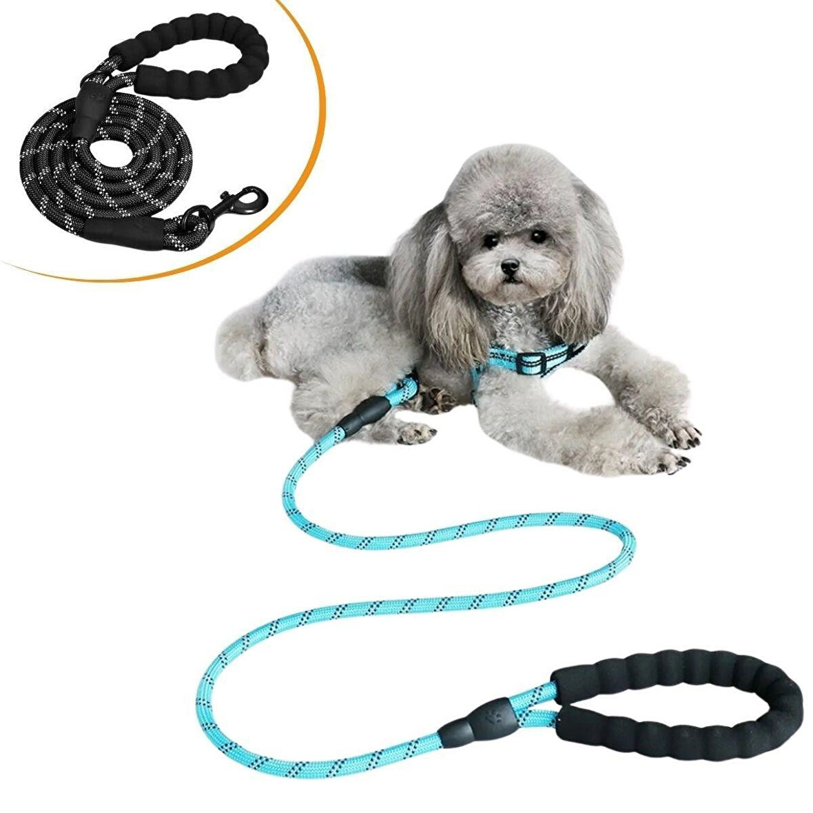 CT-STONES® Reflektörlü Fosforlu Köpek Gezdirme Halatı Tasma Kayışı Metal Kancalı 130 cm