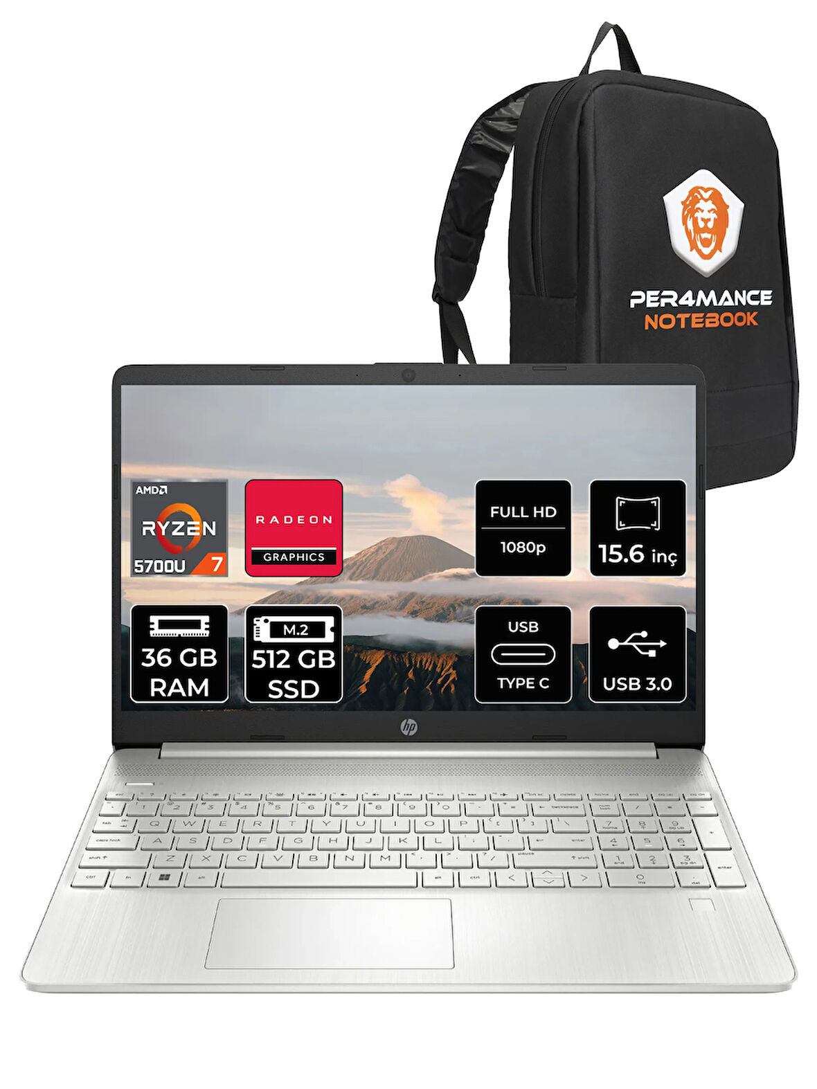 HP 15S-EQ2000NT R7 5700U 36GB RAM 512GB SSD 15.6'' Full HD FDOS Dizüstü Bilgisayar & PER4 ÇANTA 