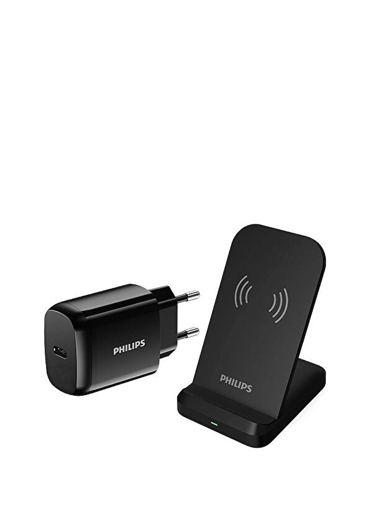 Philips 15W Siyah Kablosuz Dikey Hızlı Şarj Standı ve 25W USB-C Duvar Şarj Adaptörü