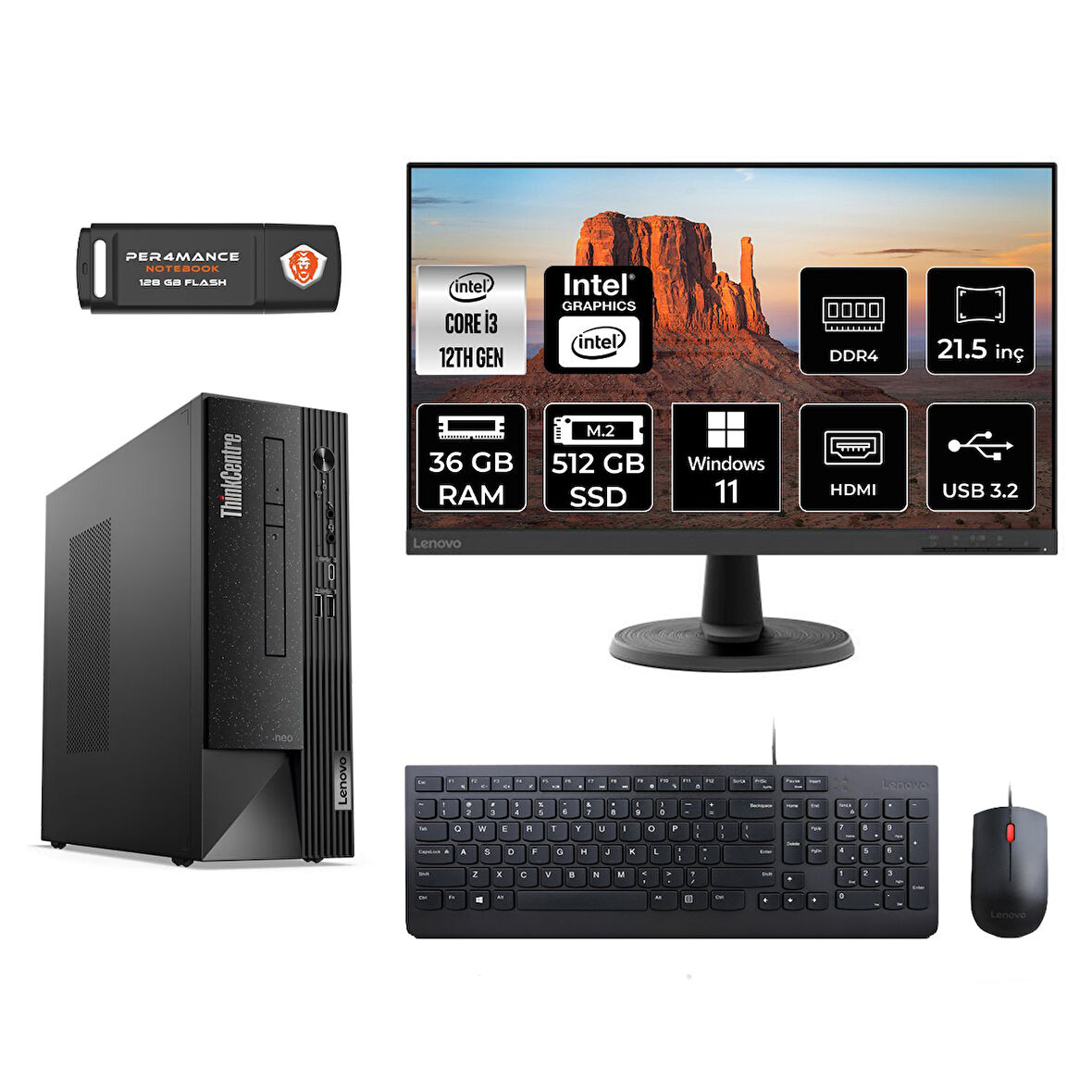 LENOVO Neo 50S M02VTXD082 i3 12100 36GB RAM 512GB SSD 21.5" W11H MASAÜSTÜ PC