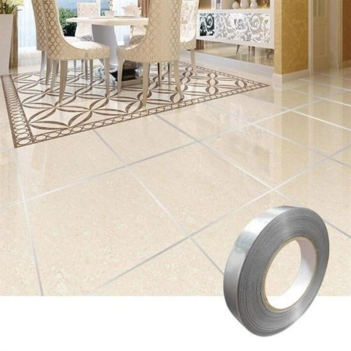CT-STONES® 50 Metre Fayans Arası Şerit Dekoratif Yapışkan Renkli Dekor Su Geçirmez Sızdırmaz Gümüş Bant