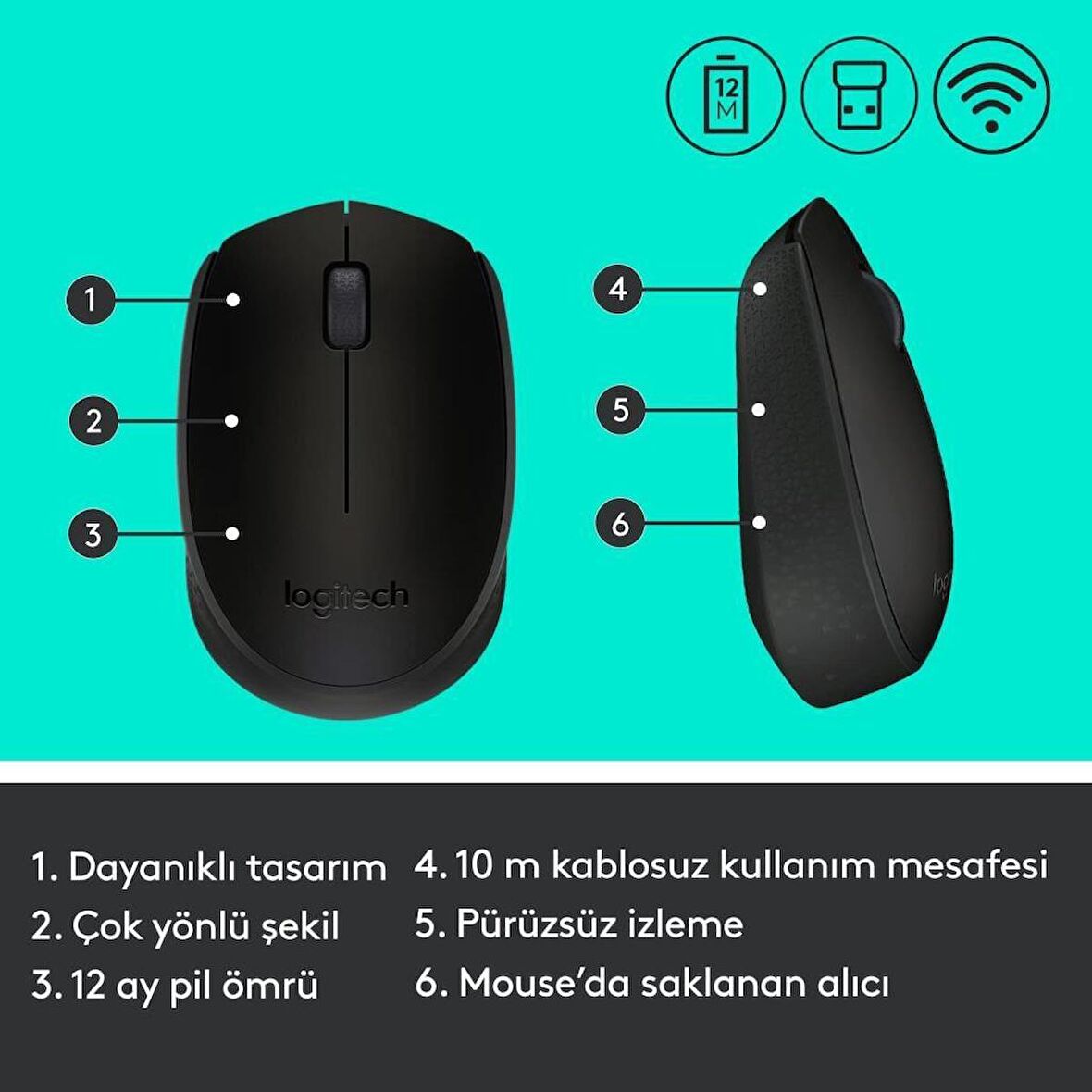 Logitech B170 Optik Kablosuz Mouse, Siyah, 2.4 GHz USB Rec