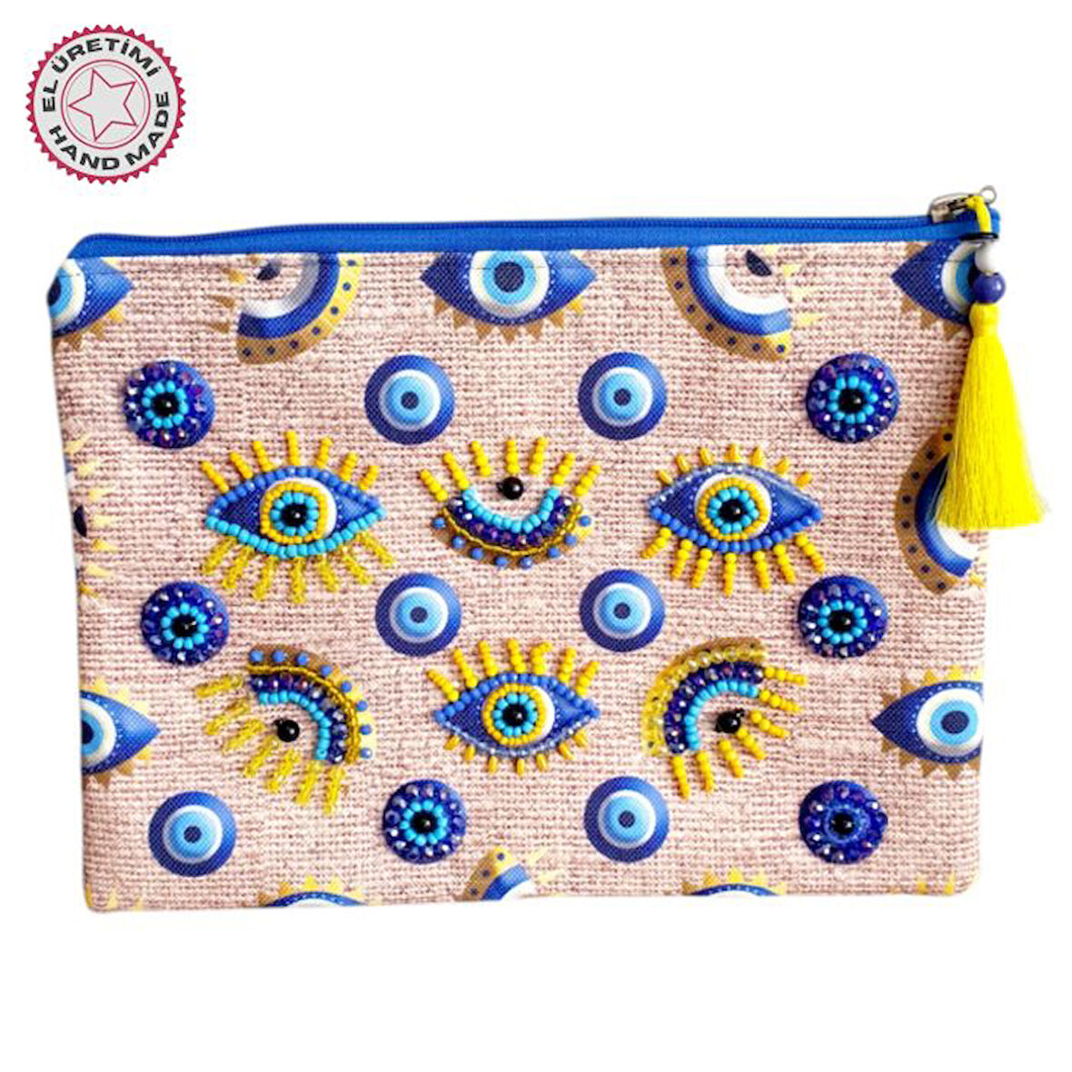 Uretti - Sümeyya 2589 1313 Nazar Boncuklu ve Göz Desen Boncuk İşlemeli Püsküllü Clutch Çanta
