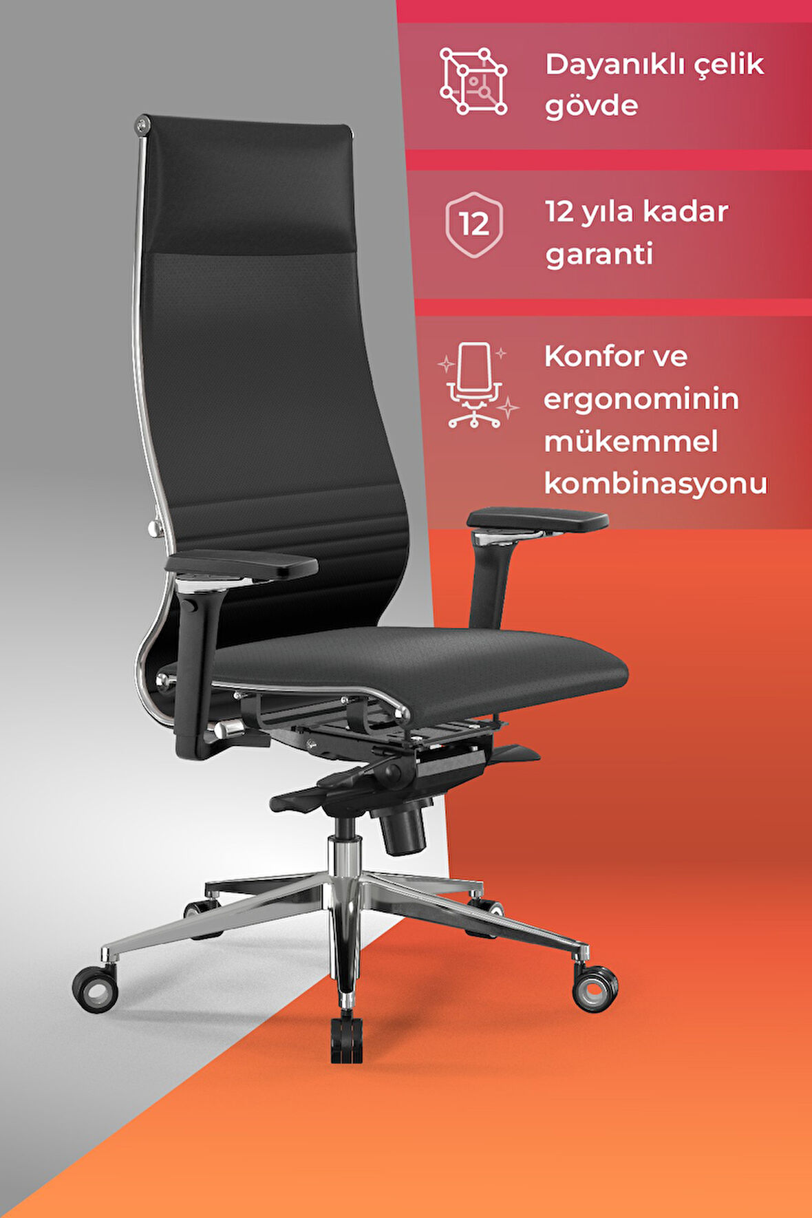 Samurai Ergonomik Koltuk | Bel Destekli, Tekerlekli, Siyah, Deri Yönetici Koltuğu -50A.F.1.62