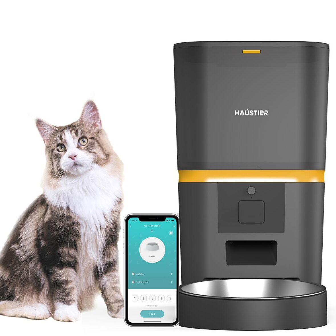 Haustier QQ003 Akıllı Kedi/köpek Otomatik Mama Kabı, App-Wifi ile Uzaktan Kontrol, Öğün Planlama,porsiyon Belirleme,6lt Hazne, Metal Kase, Siyah