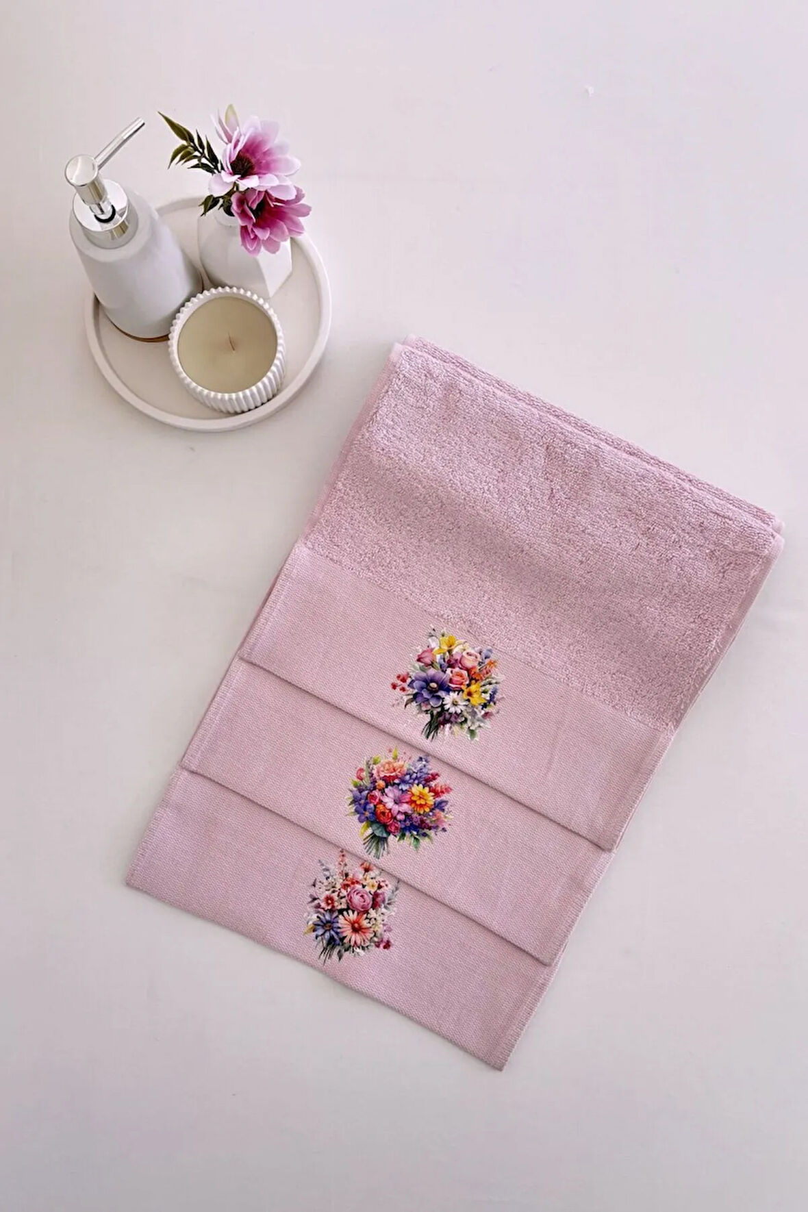 3'lü Çiçek Baskılı Bambu Havlu Takımı - Pembe El & Mutfak Havlusu Seti - Ekstra Yumuşak - 30x50 Cm