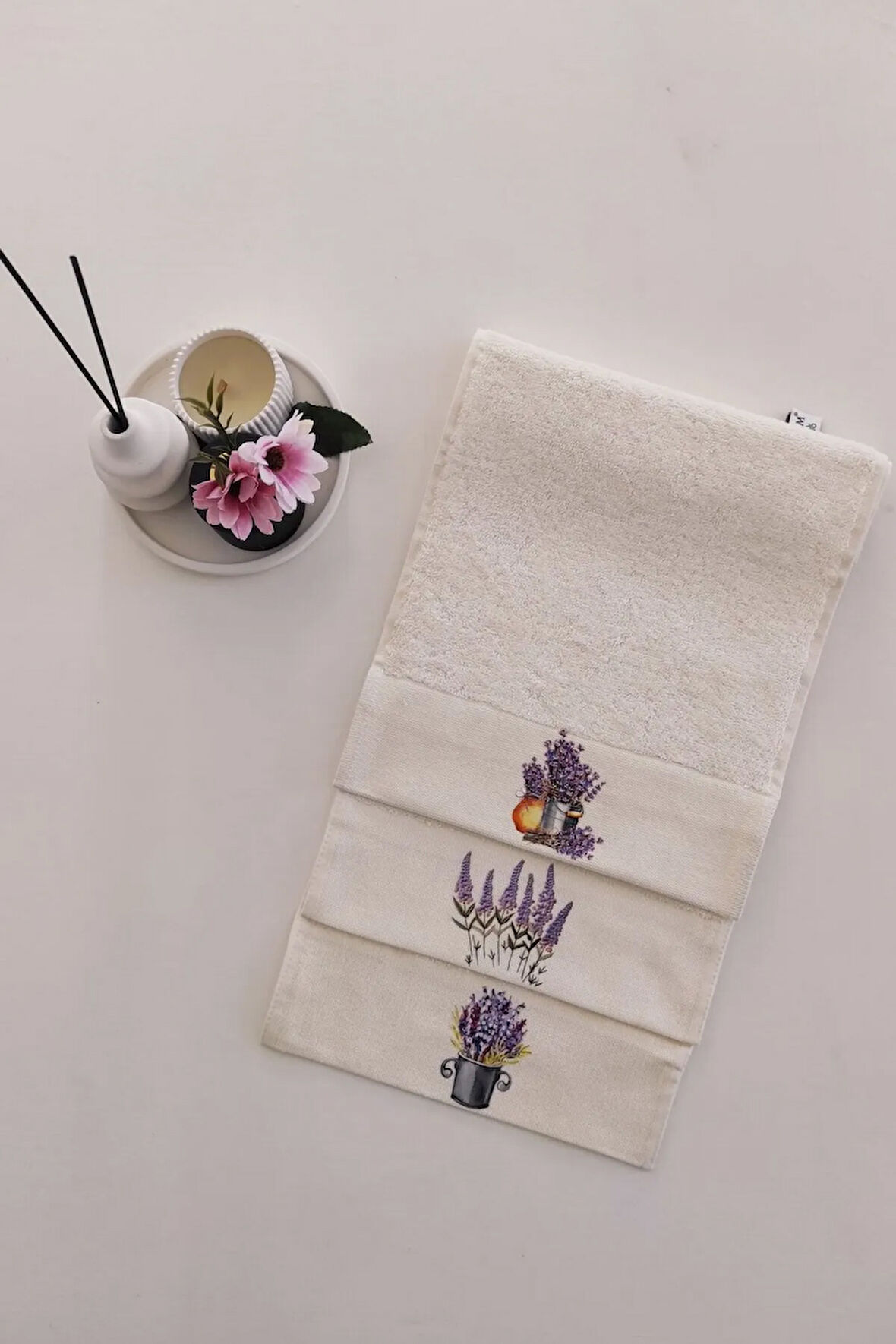3'lü Baskılı Mutfak & Misafir Havlu Takımı - Ekru El Havlusu Seti - 30x50 cm - Lavanta