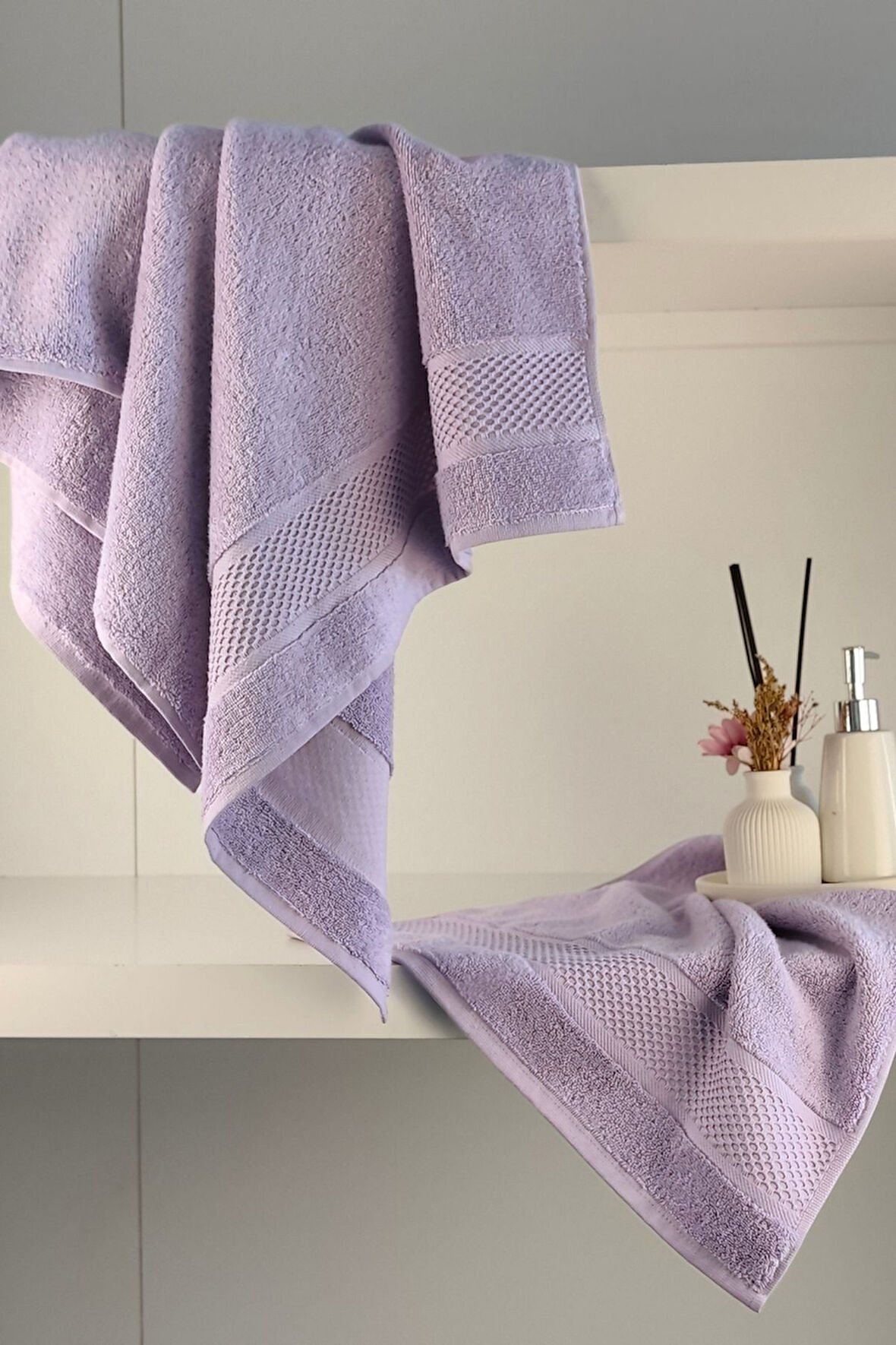 %100 Pamuk Banyo Havlu Seti-Long Twist İplik-Yüksek Su Emici ve Yumuşak-Lila